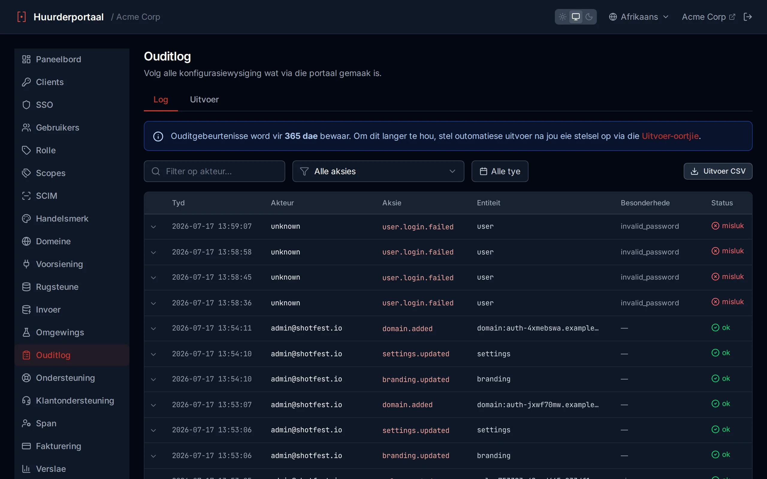 Audit log table showing timestamped administrative actions with actor, action, entity, and detail columns