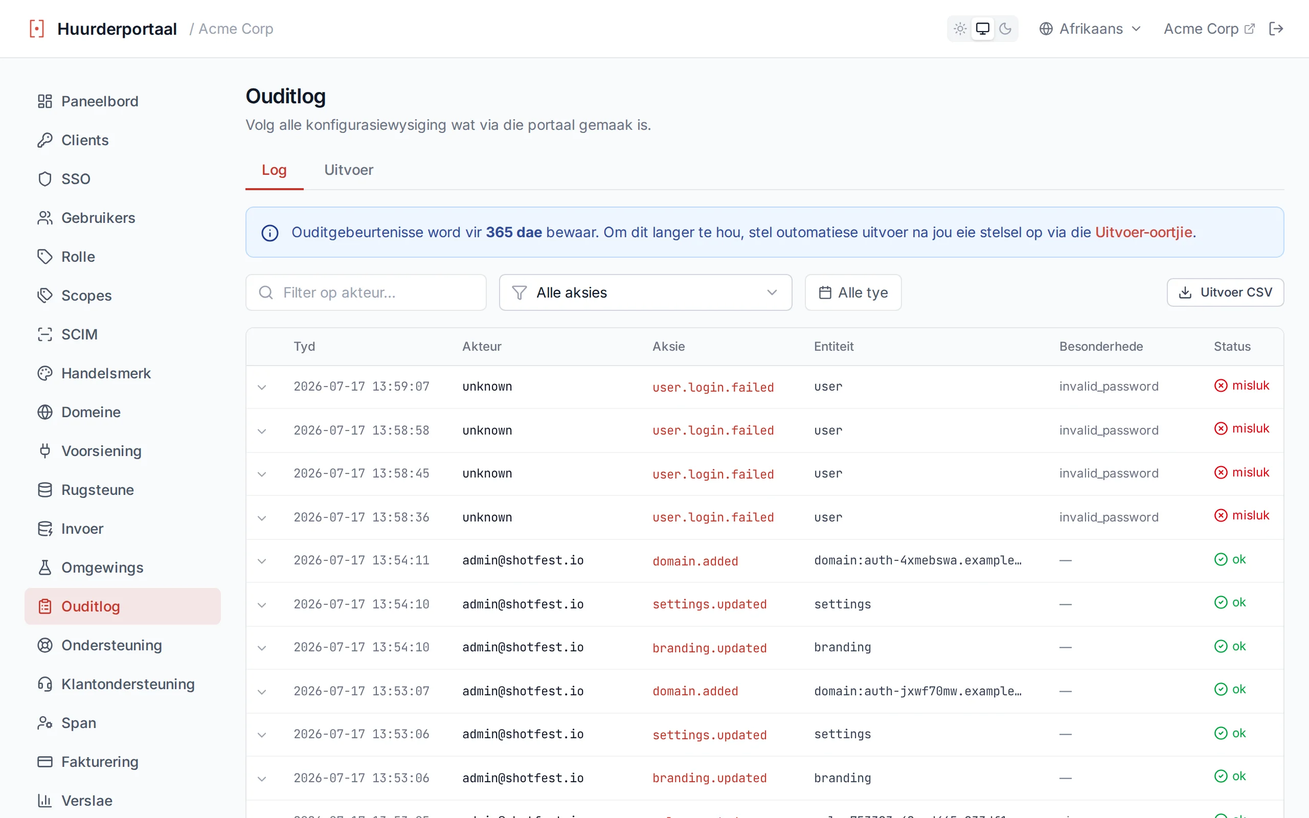Audit log table showing timestamped administrative actions with actor, action, entity, and detail columns