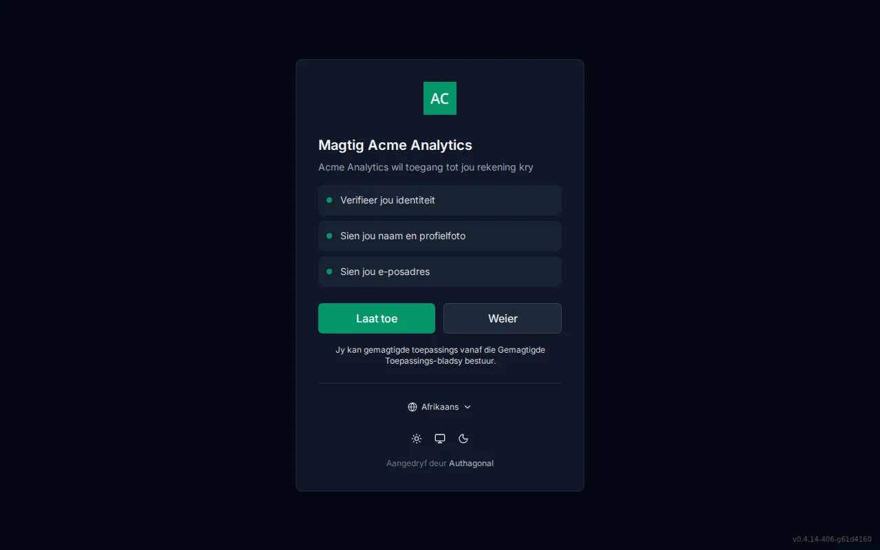 Consent screen showing the requesting application's logo and name, a per-scope permission list, and Allow and Deny buttons