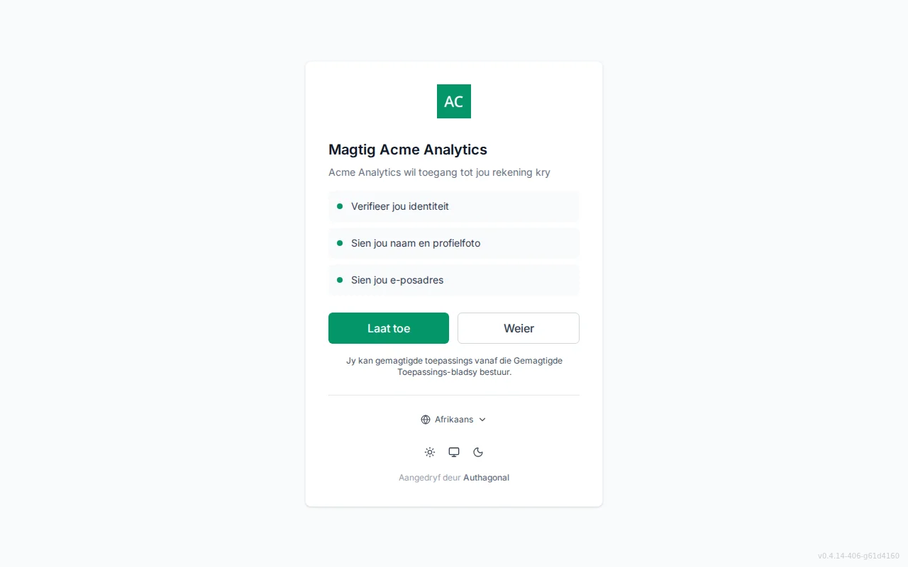 Consent screen showing the requesting application's logo and name, a per-scope permission list, and Allow and Deny buttons
