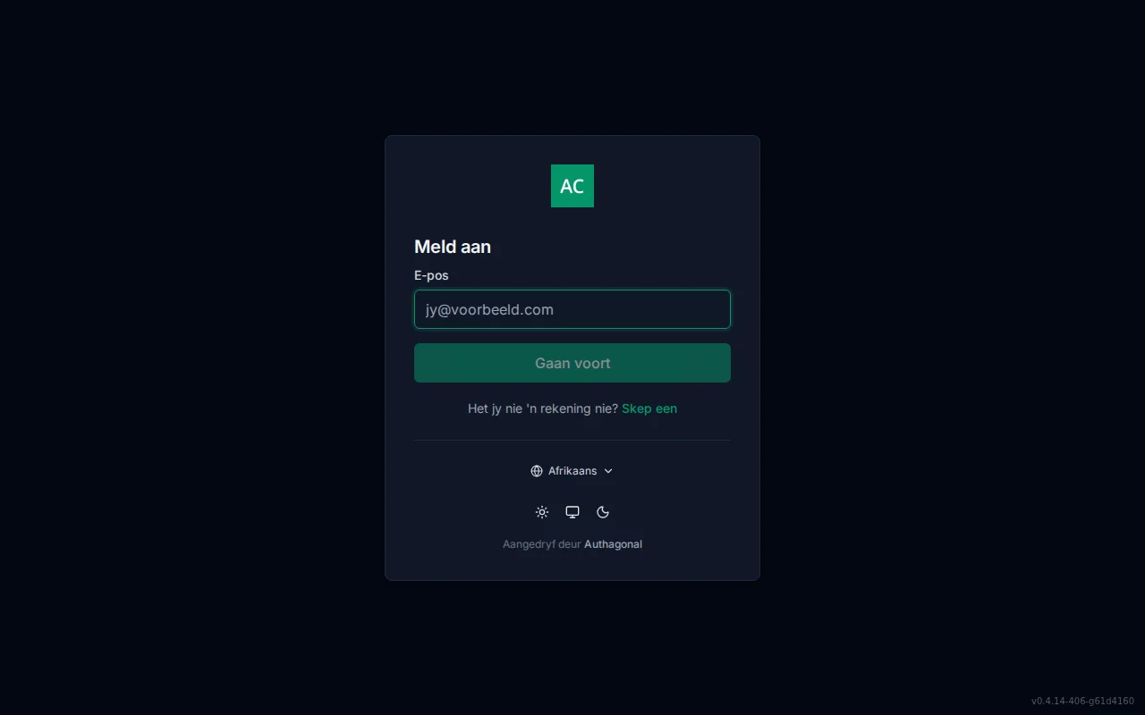 Hosted sign-in screen with an email field, Continue button, single sign-on provider buttons, and forgot-password and create-account links