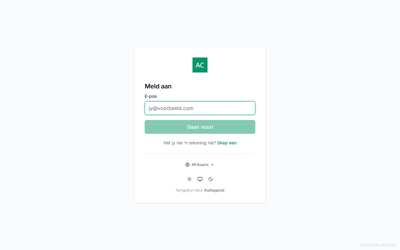 Hosted sign-in screen with an email field, Continue button, single sign-on provider buttons, and forgot-password and create-account links
