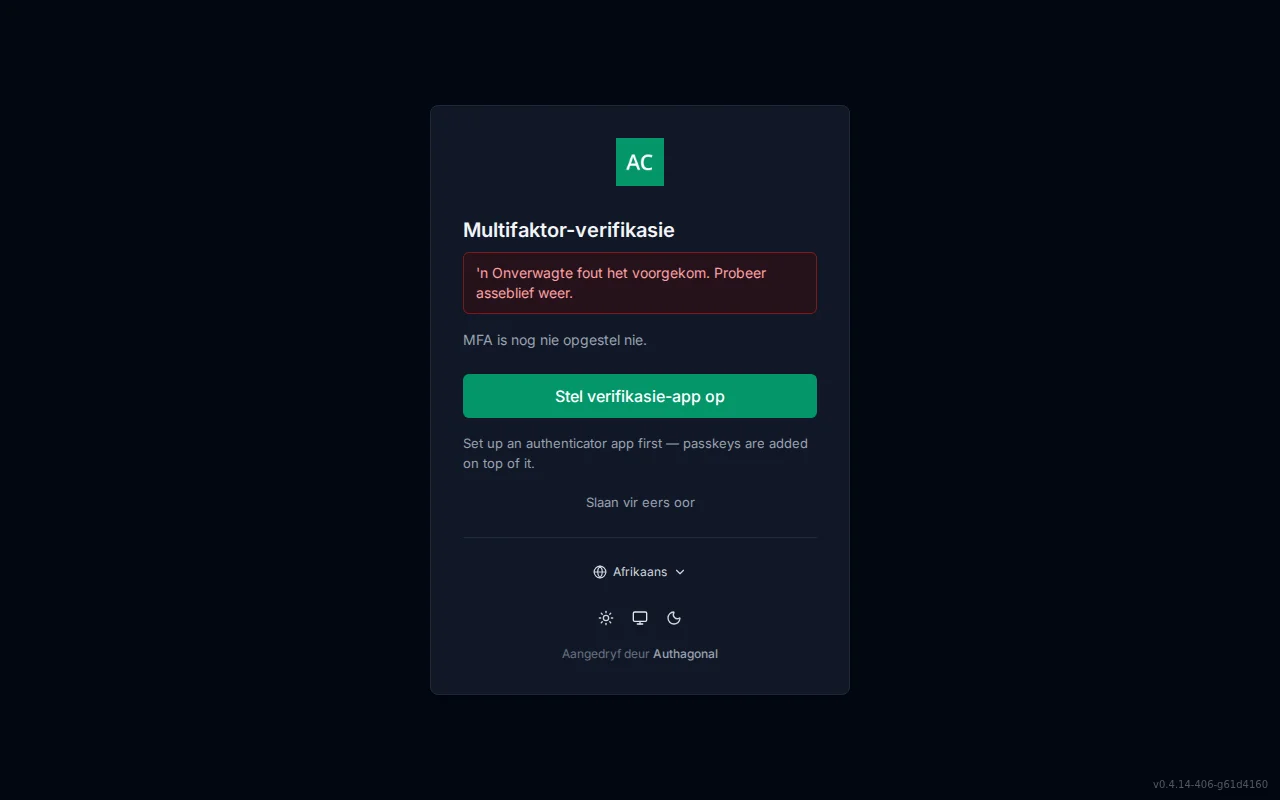 MFA setup screen showing enrolled-method status, authenticator QR code and manual key, passkey enrolment, and recovery-code generation