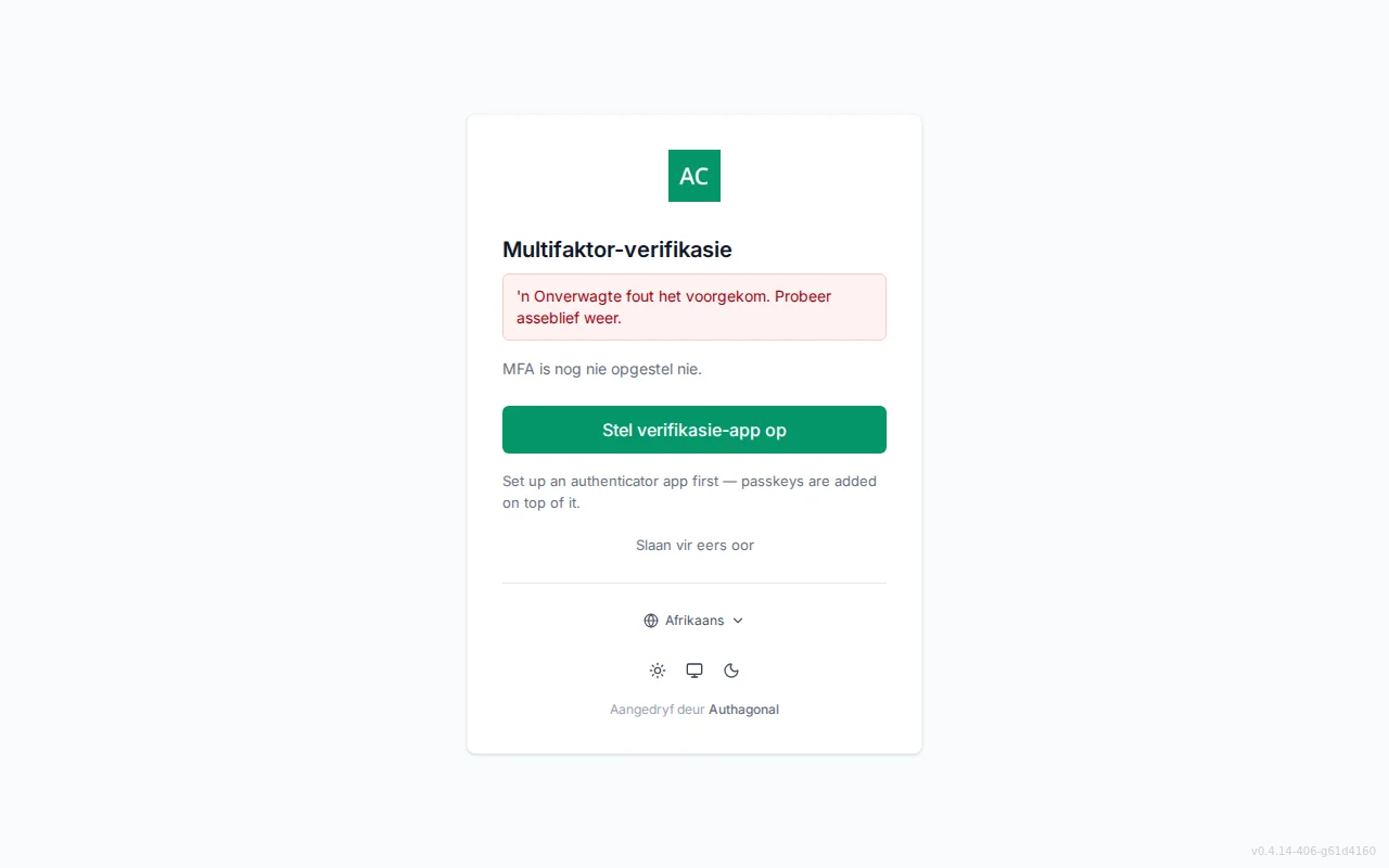 MFA setup screen showing enrolled-method status, authenticator QR code and manual key, passkey enrolment, and recovery-code generation