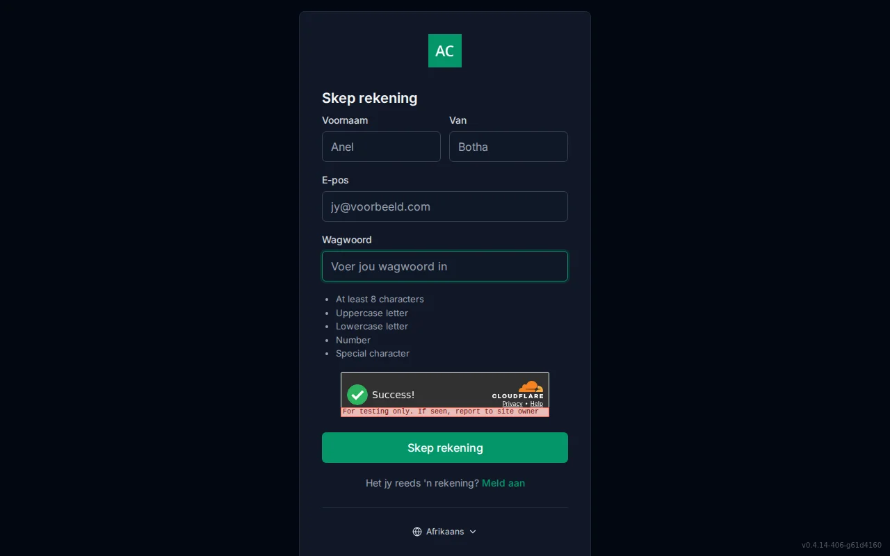 Account registration screen with first and last name fields, email, password, and a live password-policy checklist
