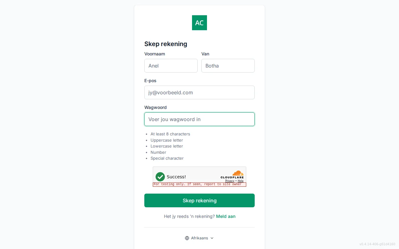 Account registration screen with first and last name fields, email, password, and a live password-policy checklist
