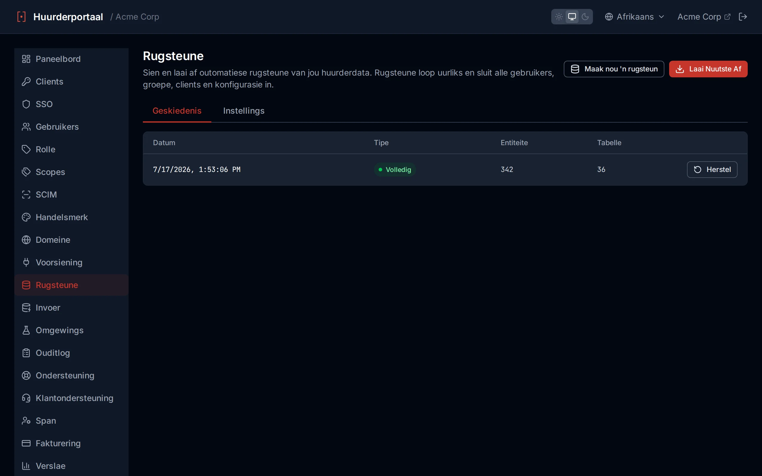Backups page showing backup history with timestamps, types, and entity counts