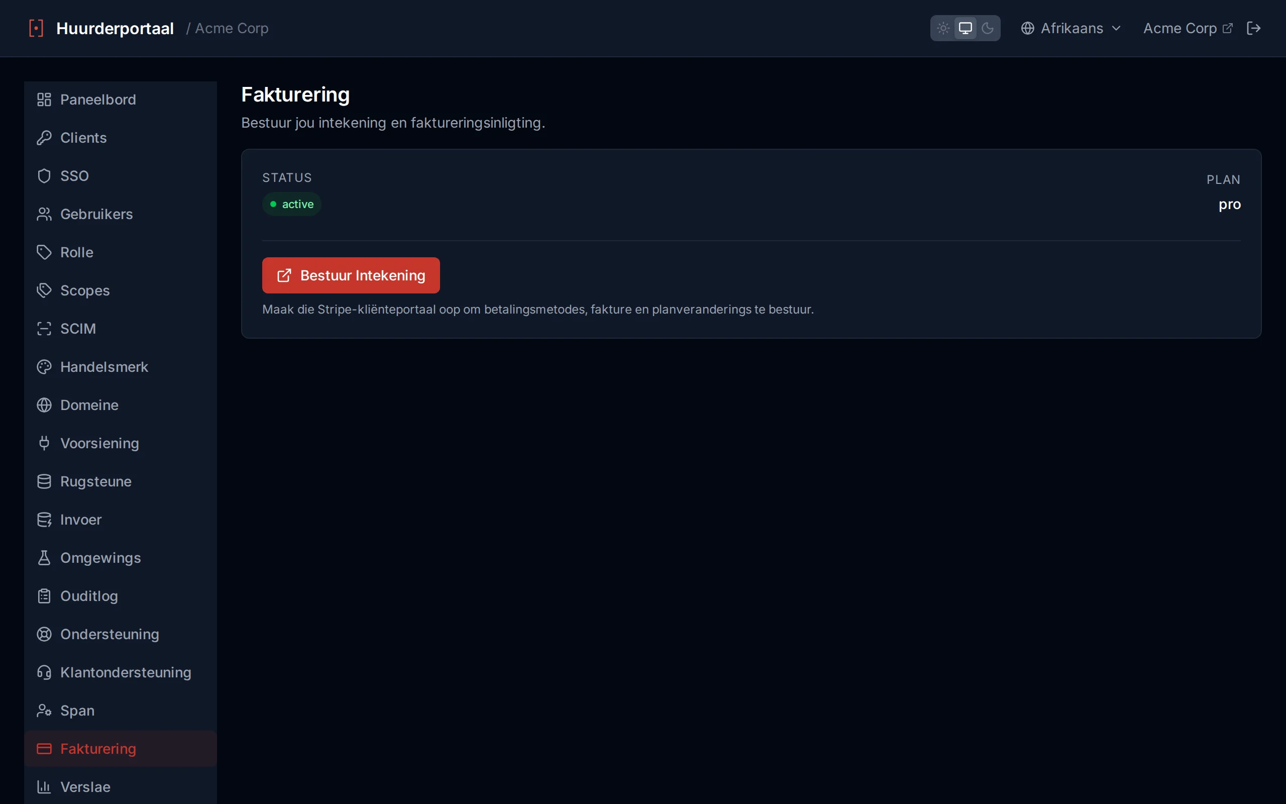 Billing page showing subscription status, plan name, billing period, and Manage Subscription button