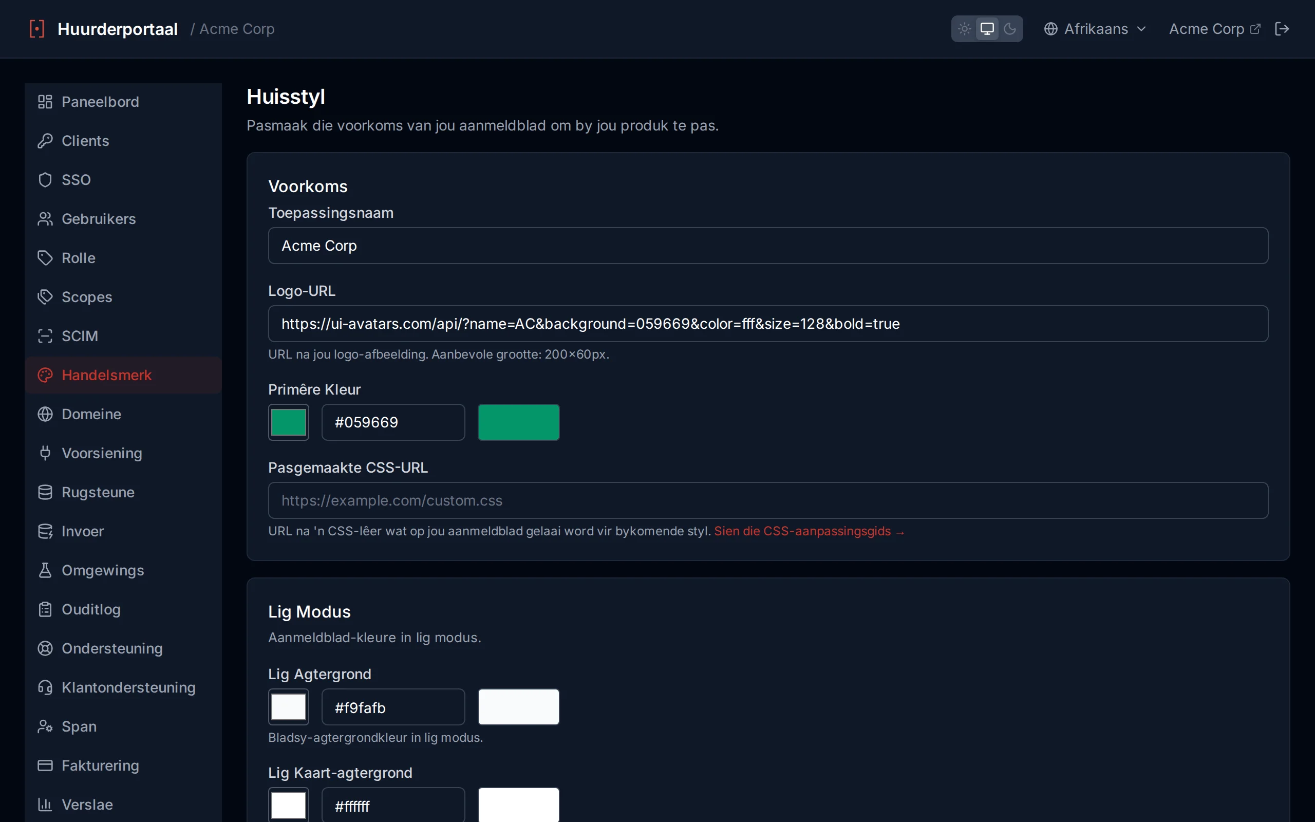 Branding appearance settings with app name input, logo URL field, color picker with hex input, and custom CSS URL field
