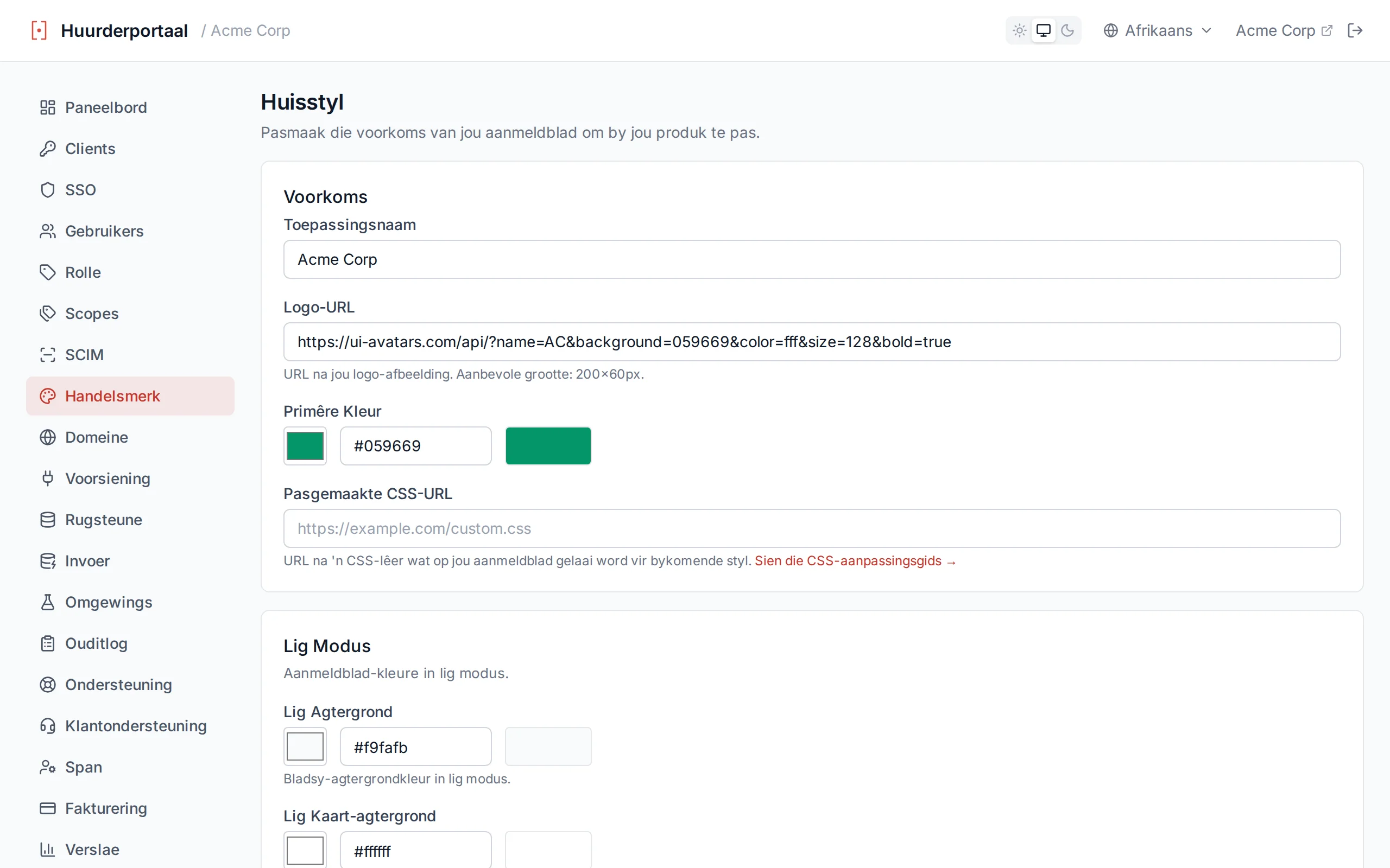 Branding appearance settings with app name input, logo URL field, color picker with hex input, and custom CSS URL field