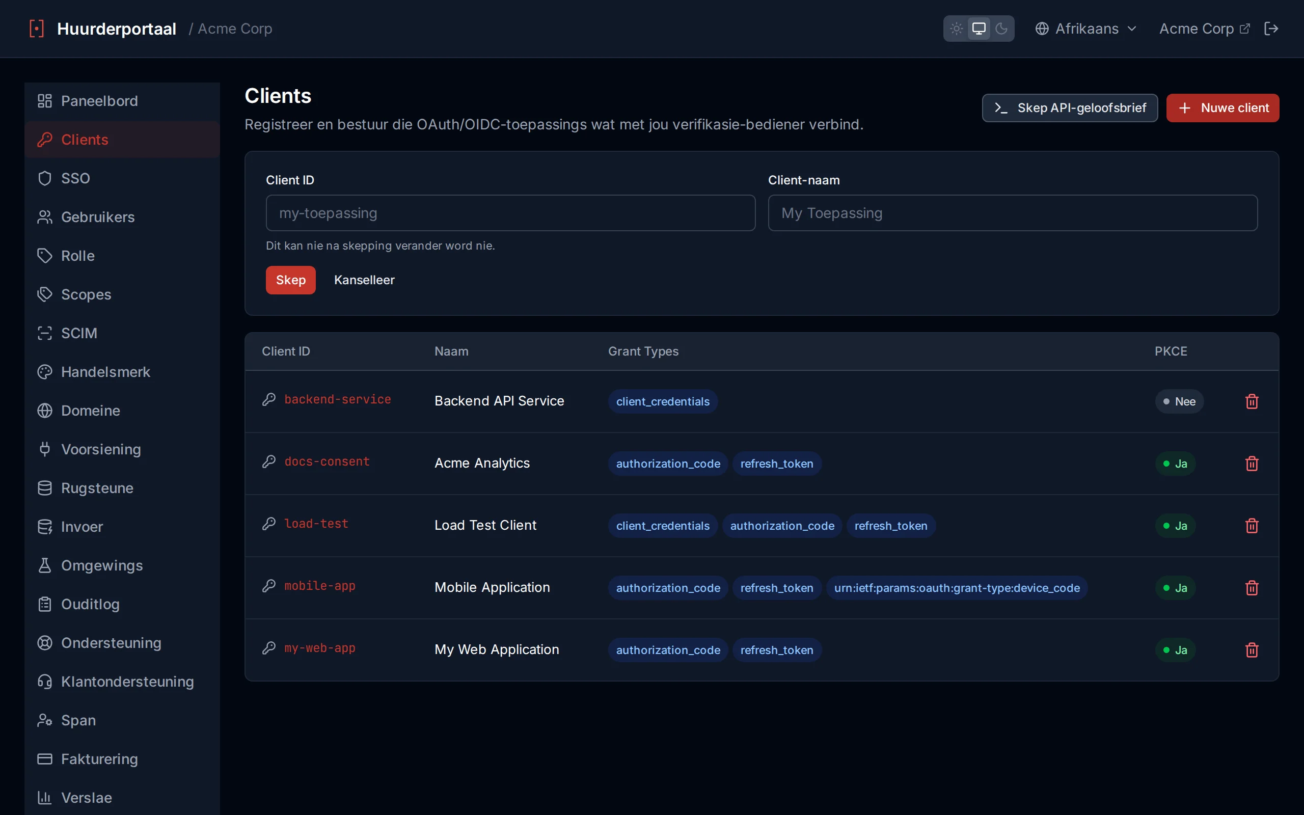 Client creation form with clientId, clientName, and redirect URI fields