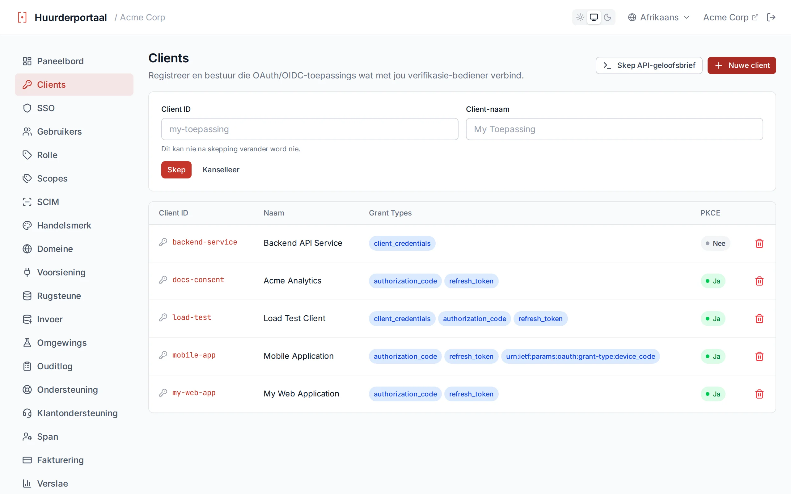 Create client form with clientId and clientName input fields