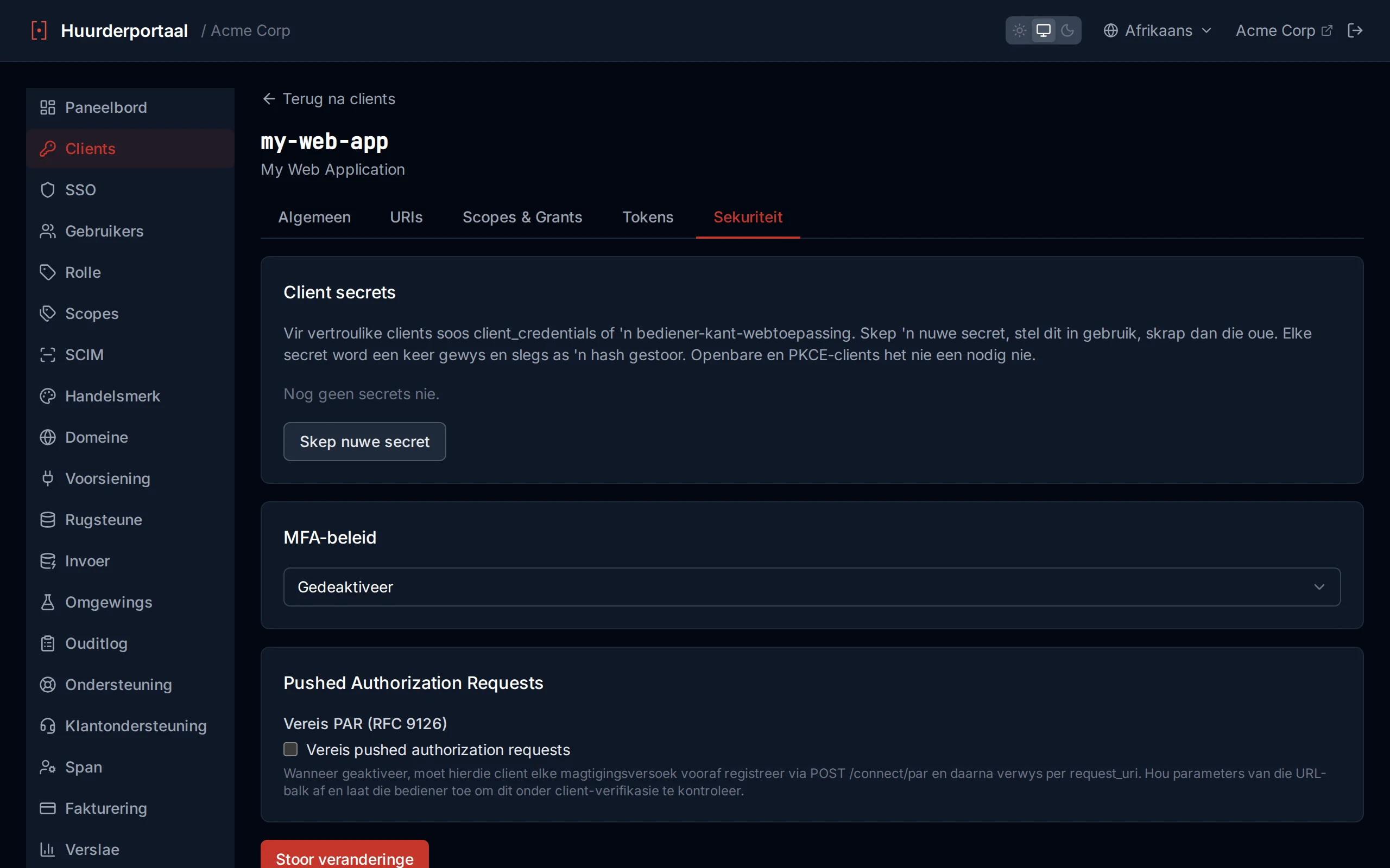 MFA policy dropdown showing Disabled, Enabled, and Required options on the client configuration page