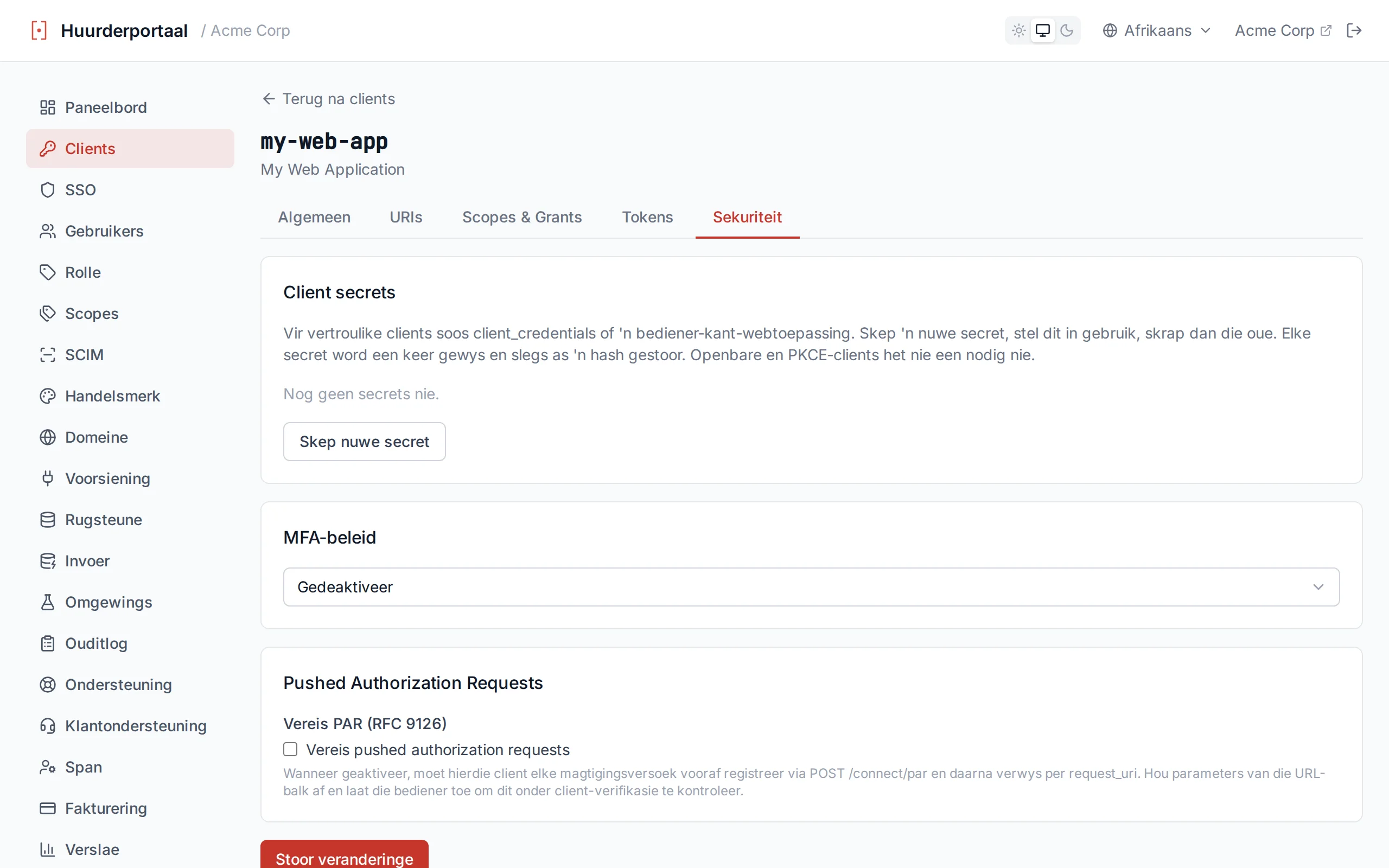 MFA policy dropdown showing Disabled, Enabled, and Required options on the client configuration page