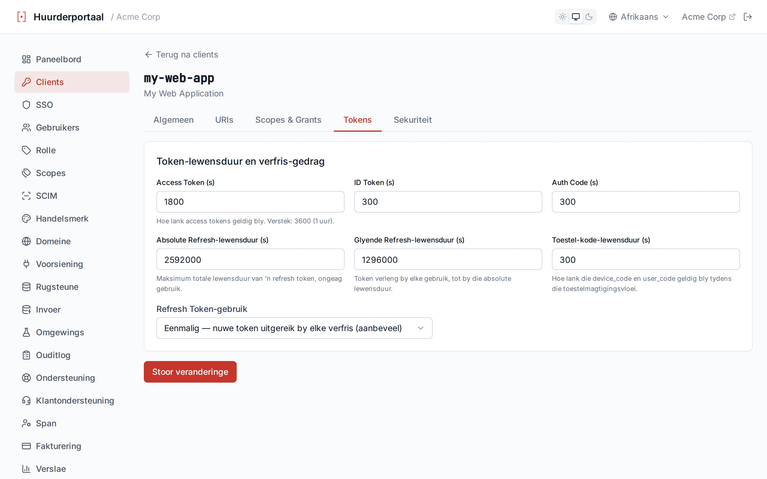 Token lifetime configuration fields with numeric inputs for each lifetime setting