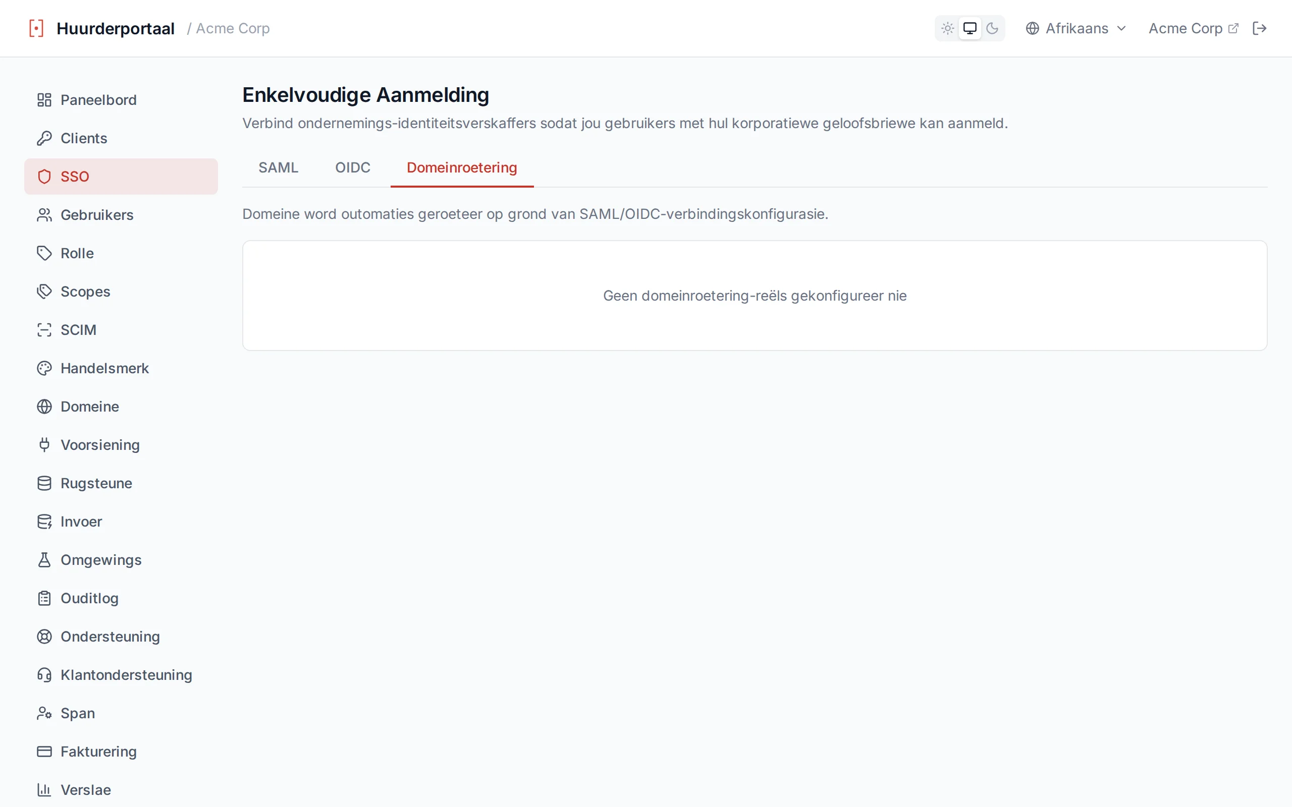 Domain routing table showing email domains mapped to SSO connections with protocol type