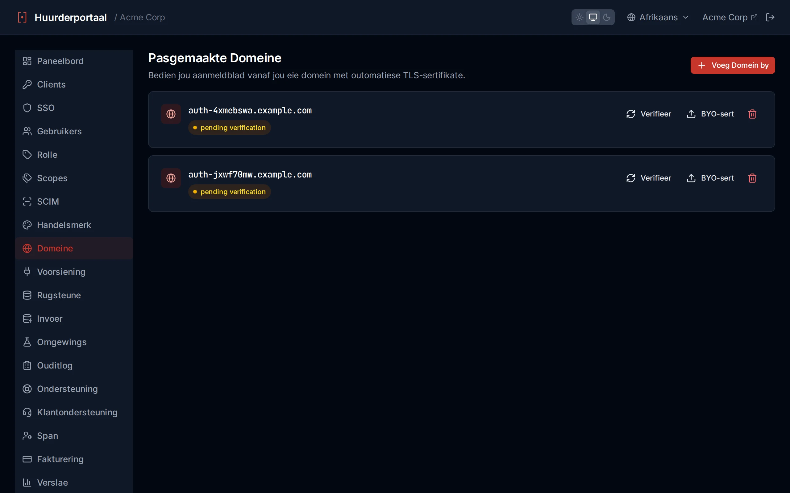 Domain list showing domains with status badges and verification controls