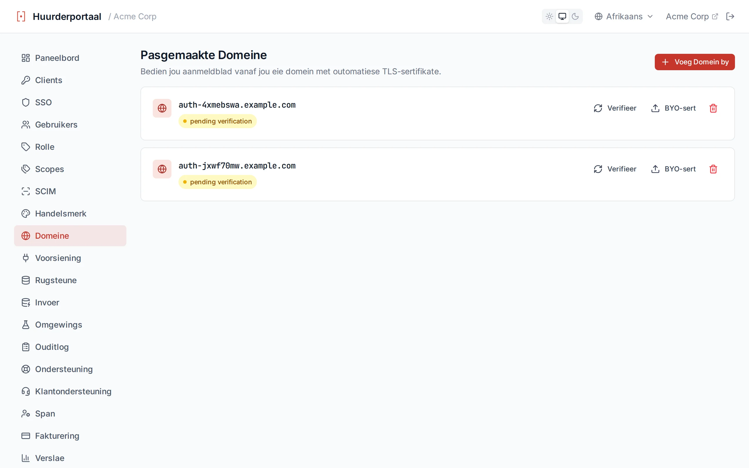 Domain list showing domains with status badges and verification controls