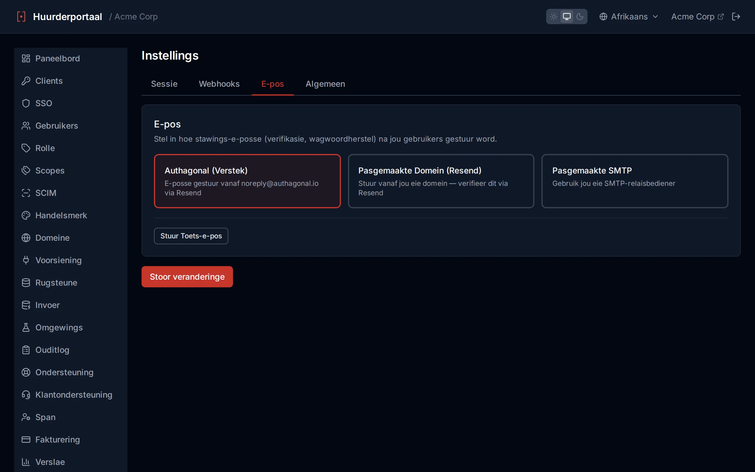 Email settings showing provider options (default, Resend domain, custom SMTP) and a test-send
