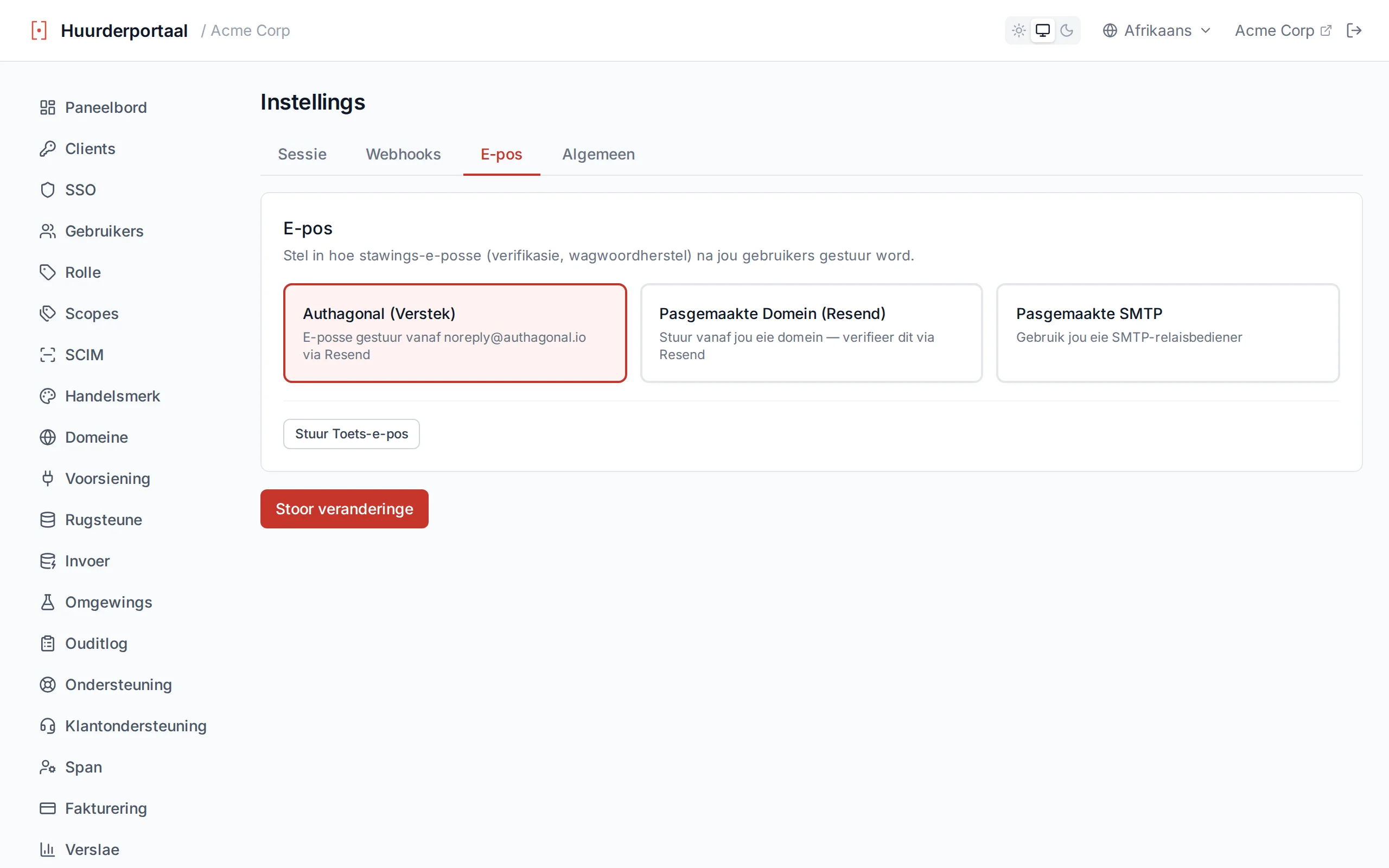 Email settings showing provider options (default, Resend domain, custom SMTP) and a test-send