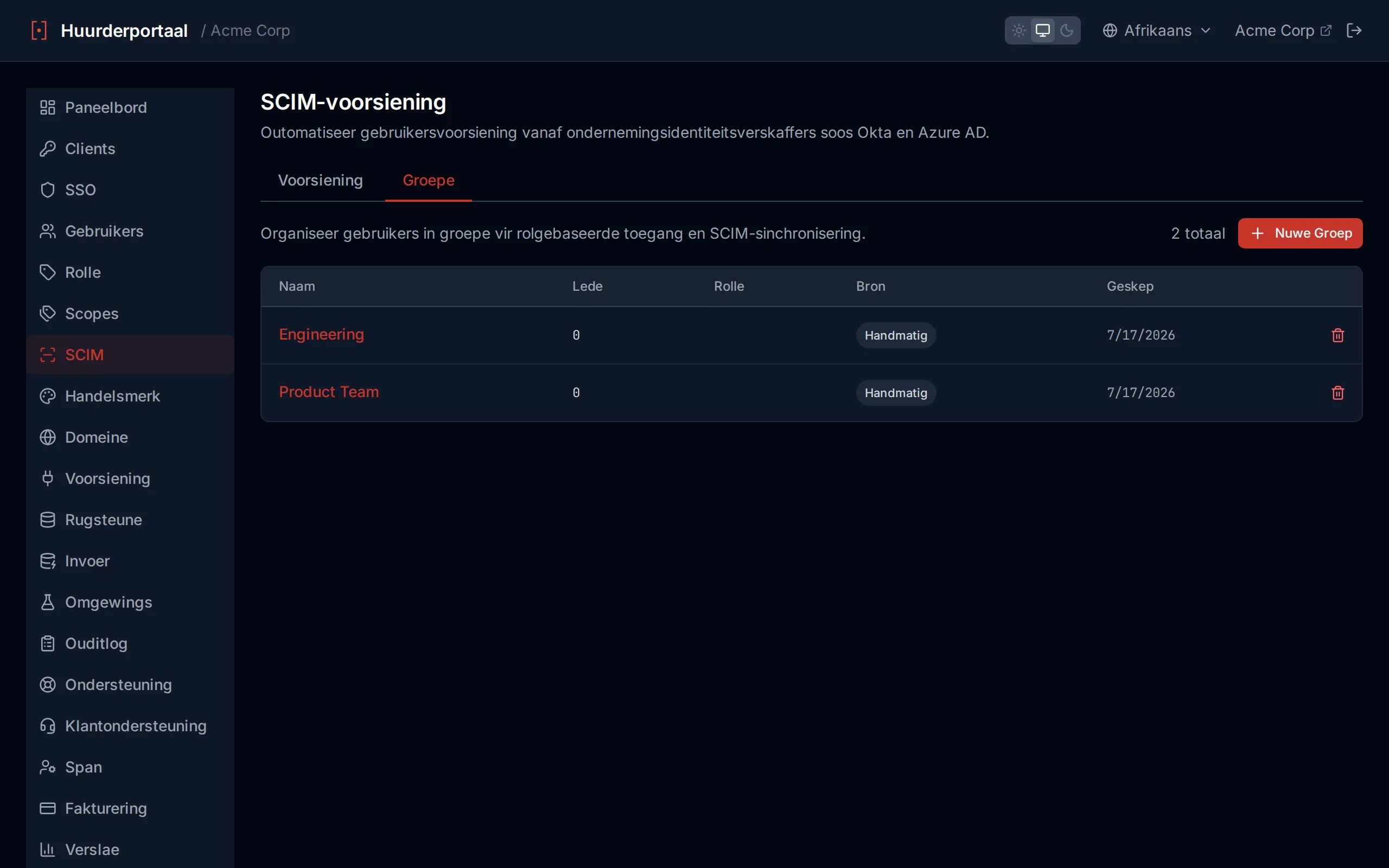 Groups list table showing group name, member count, source badge, and created date
