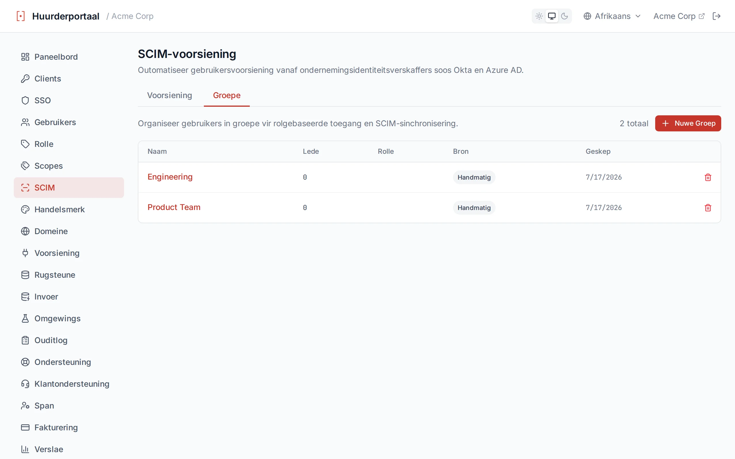 Groups list table showing group name, member count, source badge, and created date