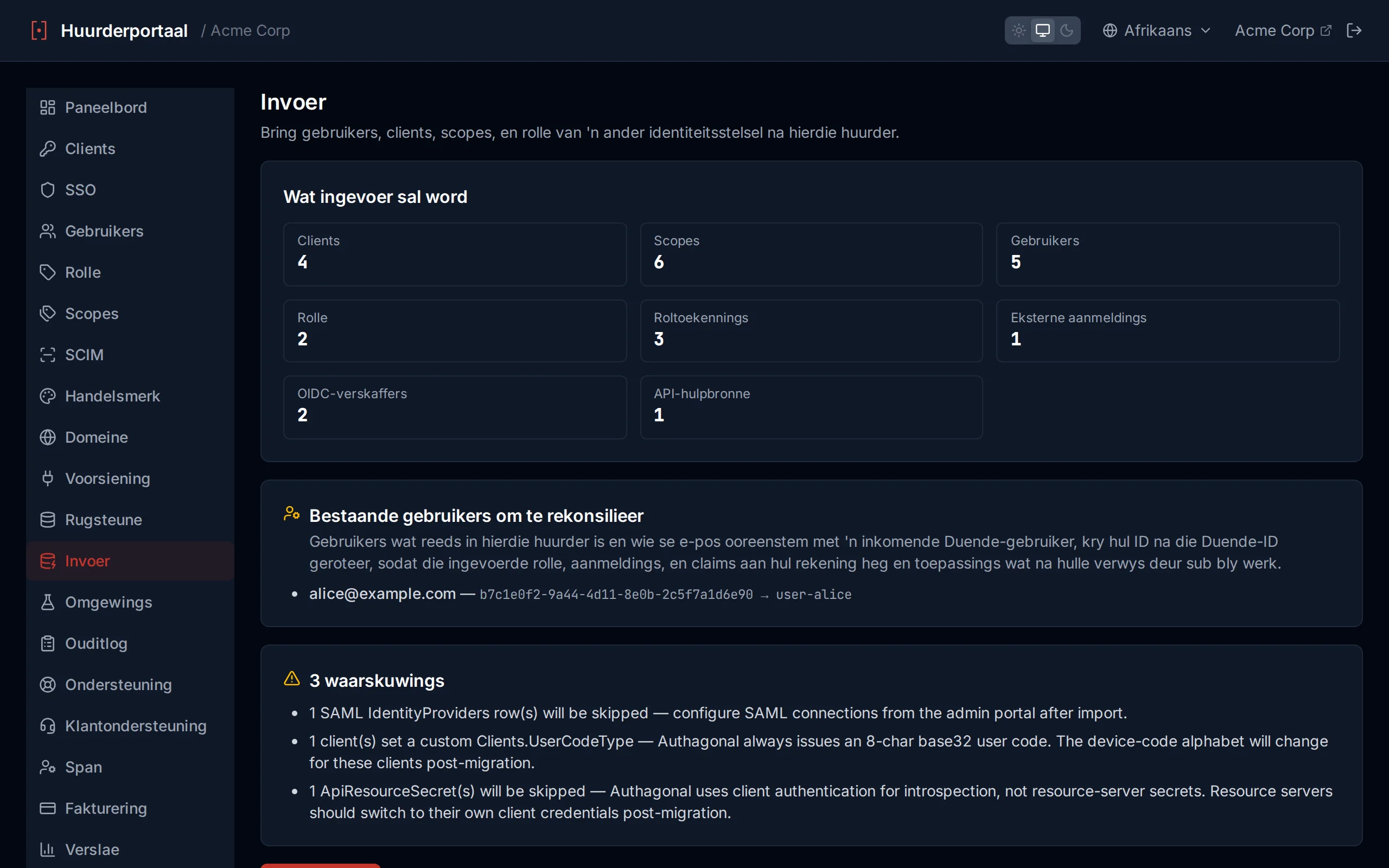 Import preview panel showing entity counts and warnings before committing the import