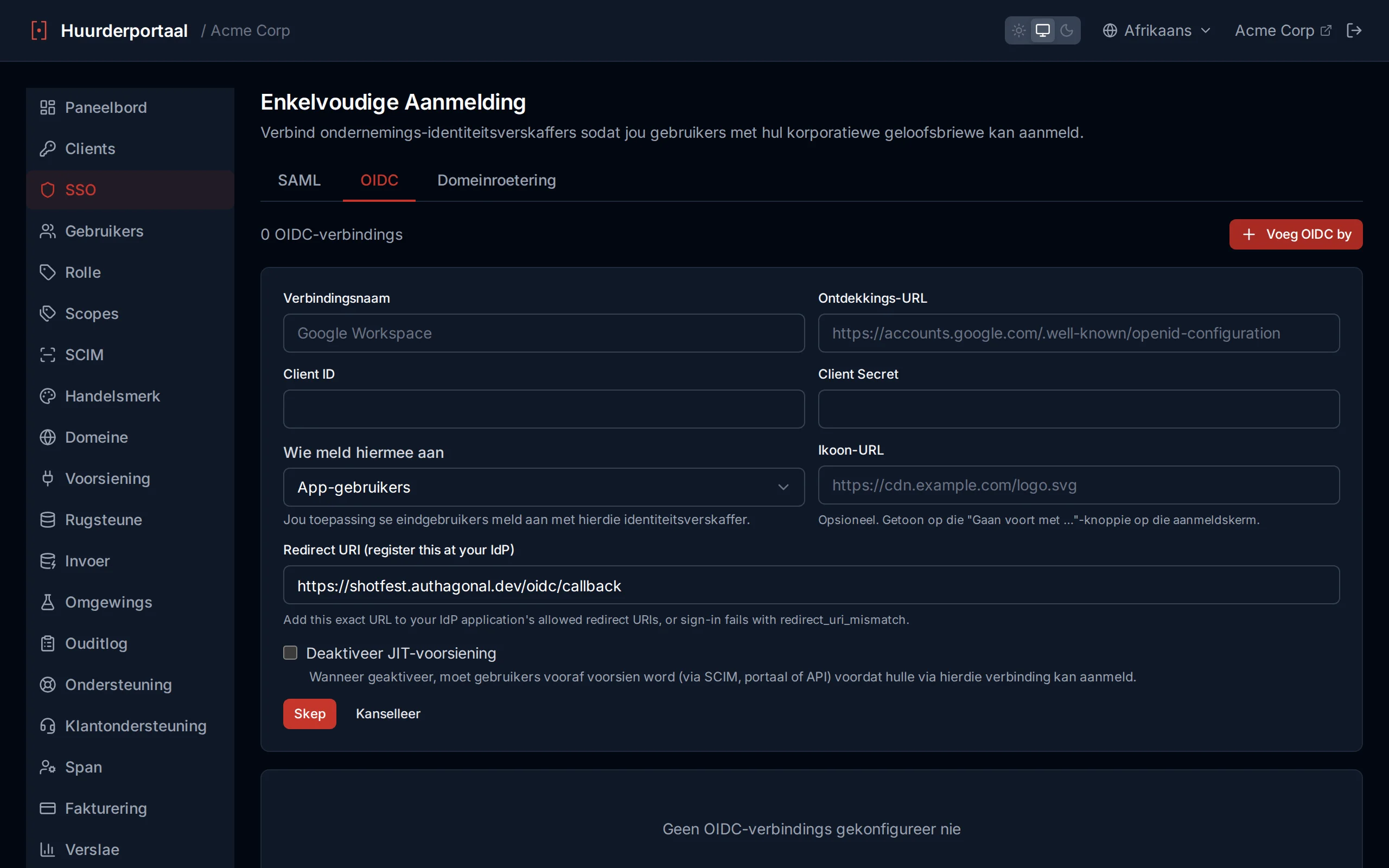 OIDC connection creation form with fields for connection name, discovery URL, client ID, and client secret