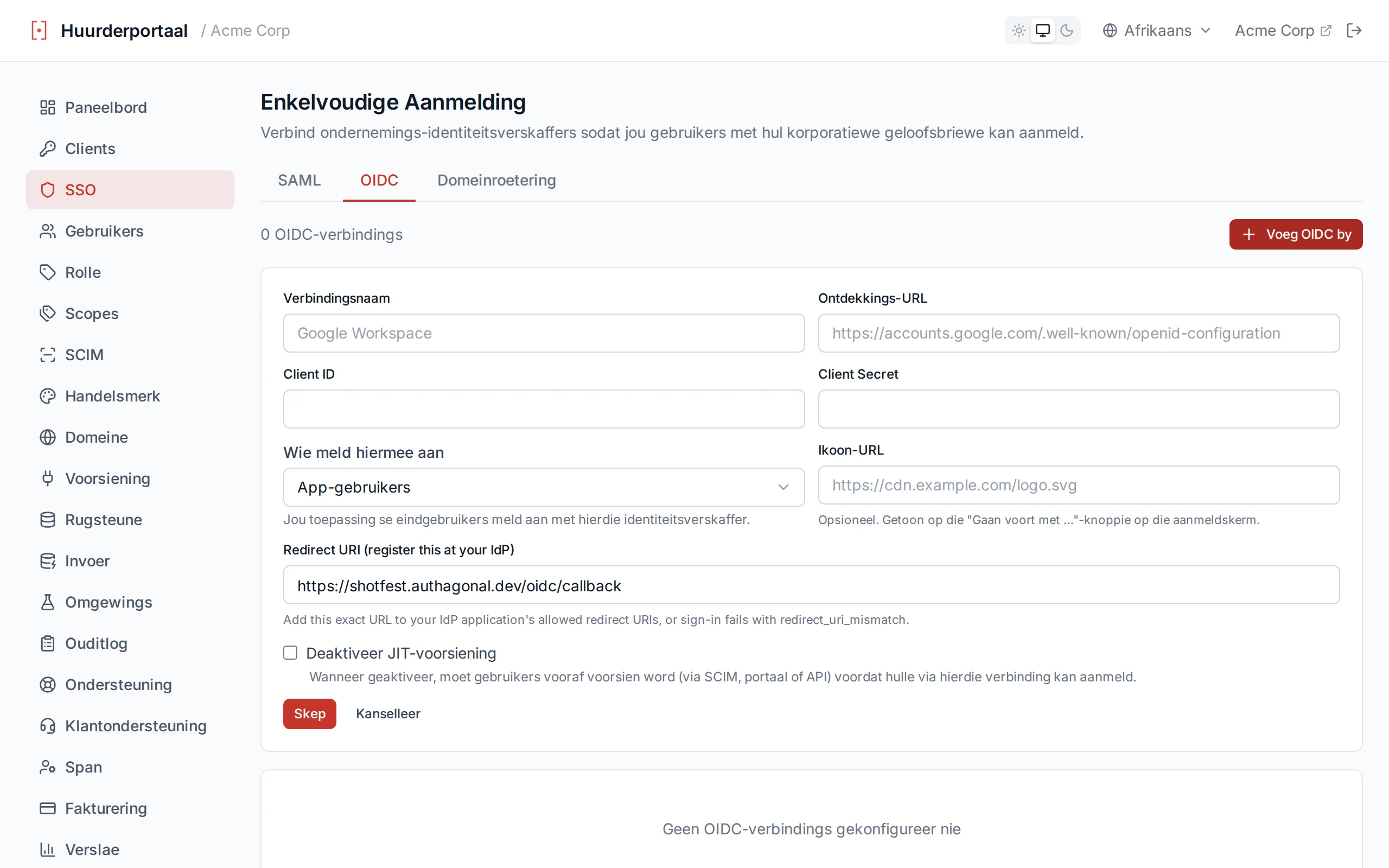 OIDC connection creation form with fields for connection name, discovery URL, client ID, and client secret