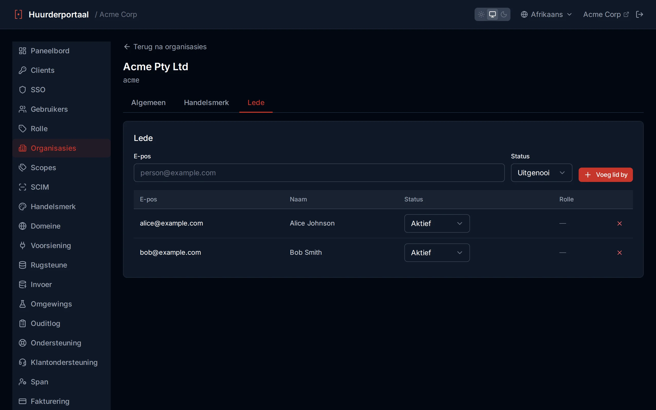 Organization detail page's Members tab showing invited, active, and suspended member rows with per-row status control