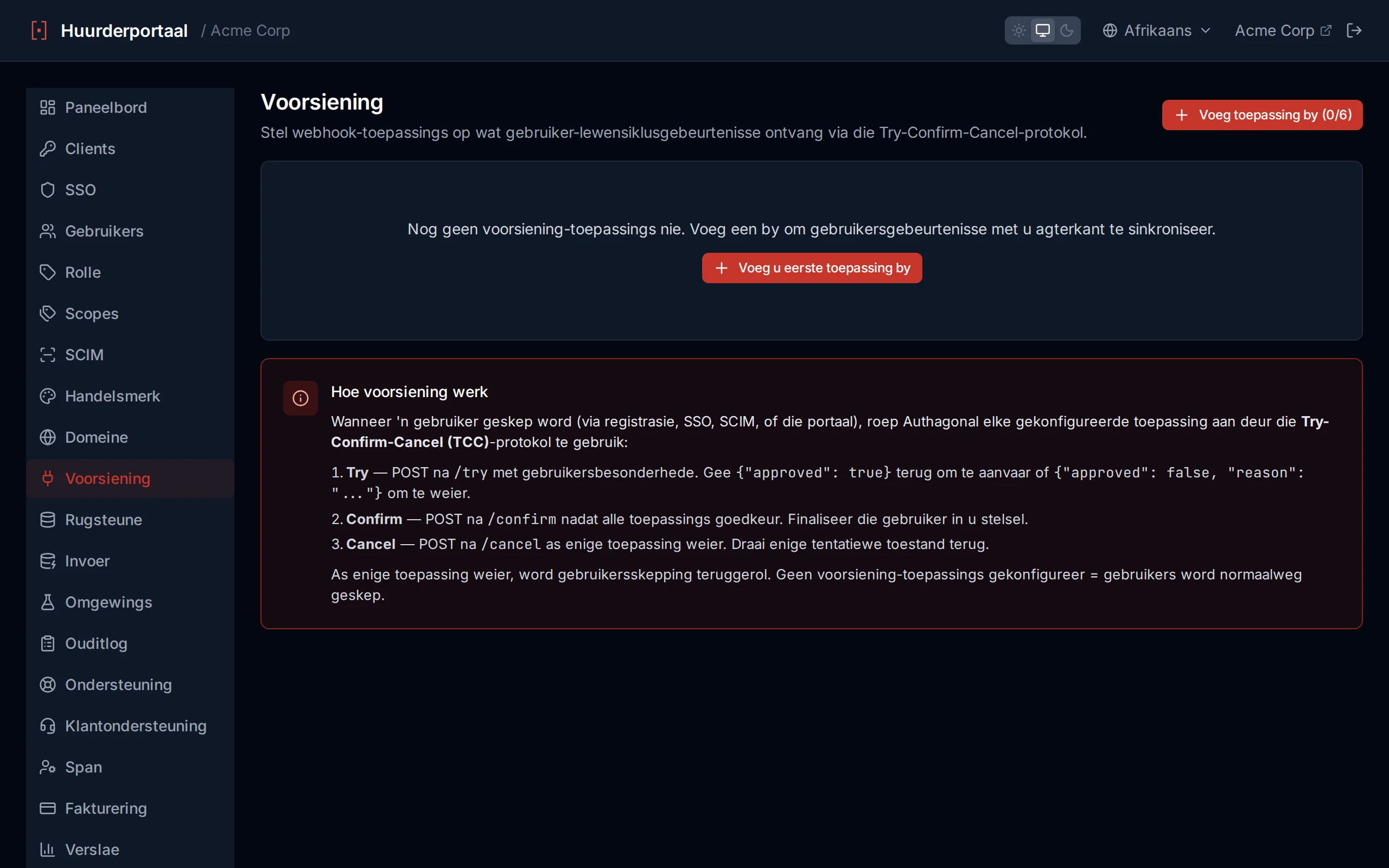 Provisioning apps page showing configured apps with test results displaying HTTP status and response body