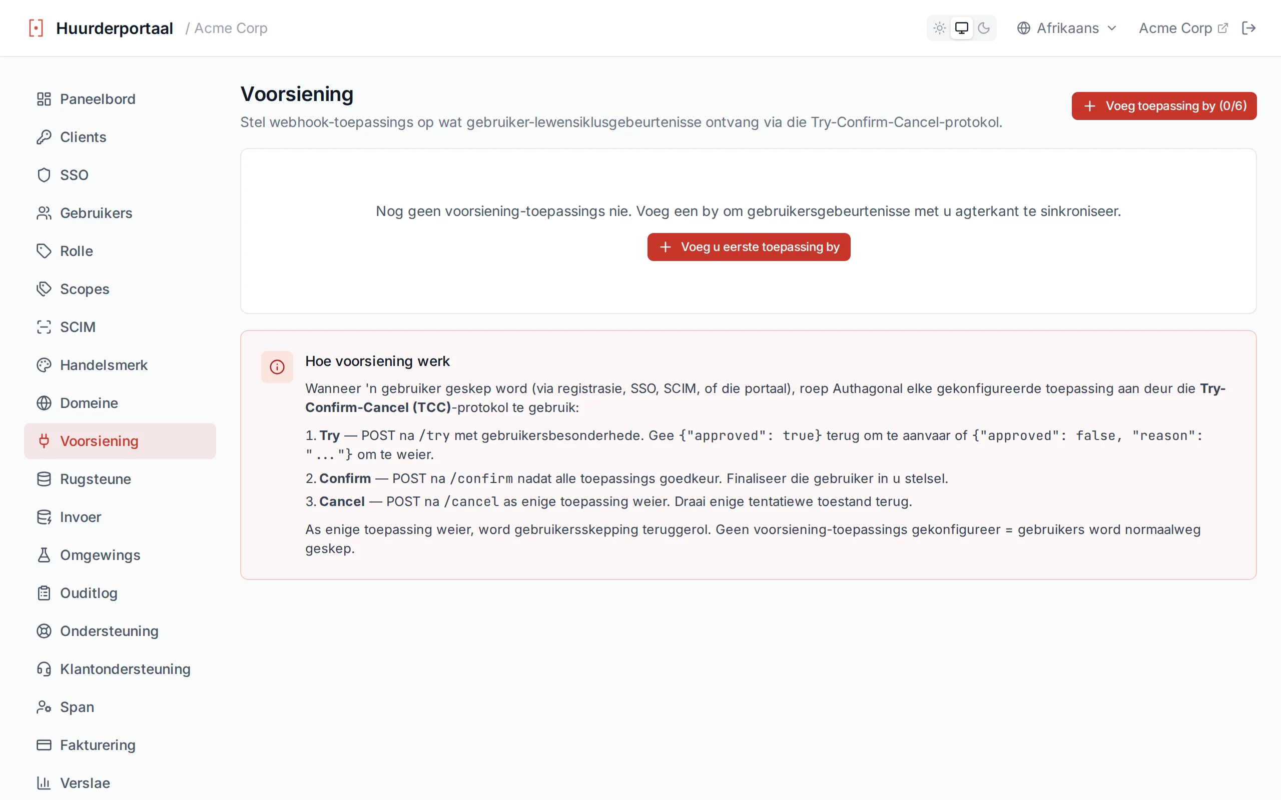Provisioning apps page showing configured apps with test results displaying HTTP status and response body