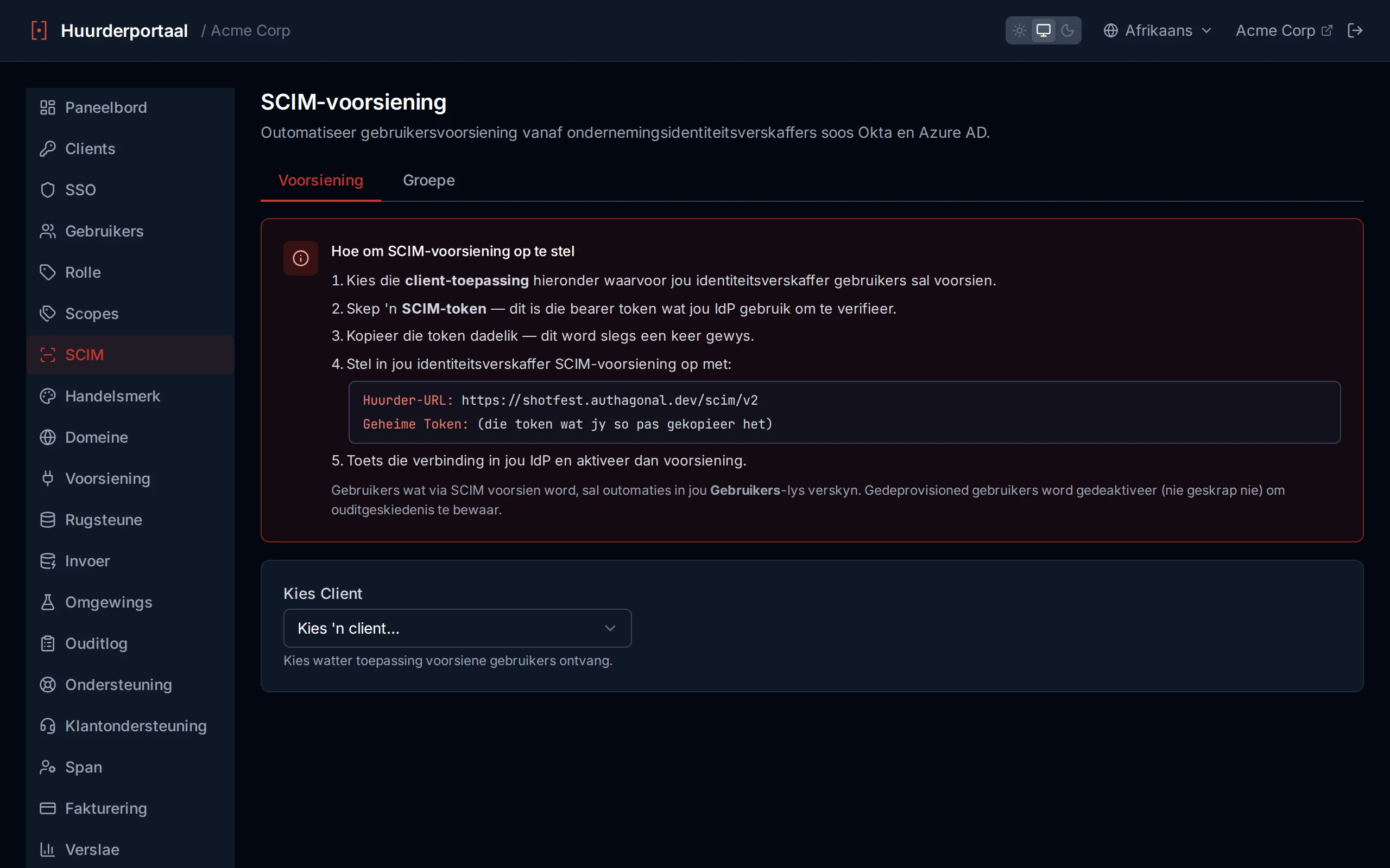 SCIM configuration page showing client selector, token generation form, and base URL