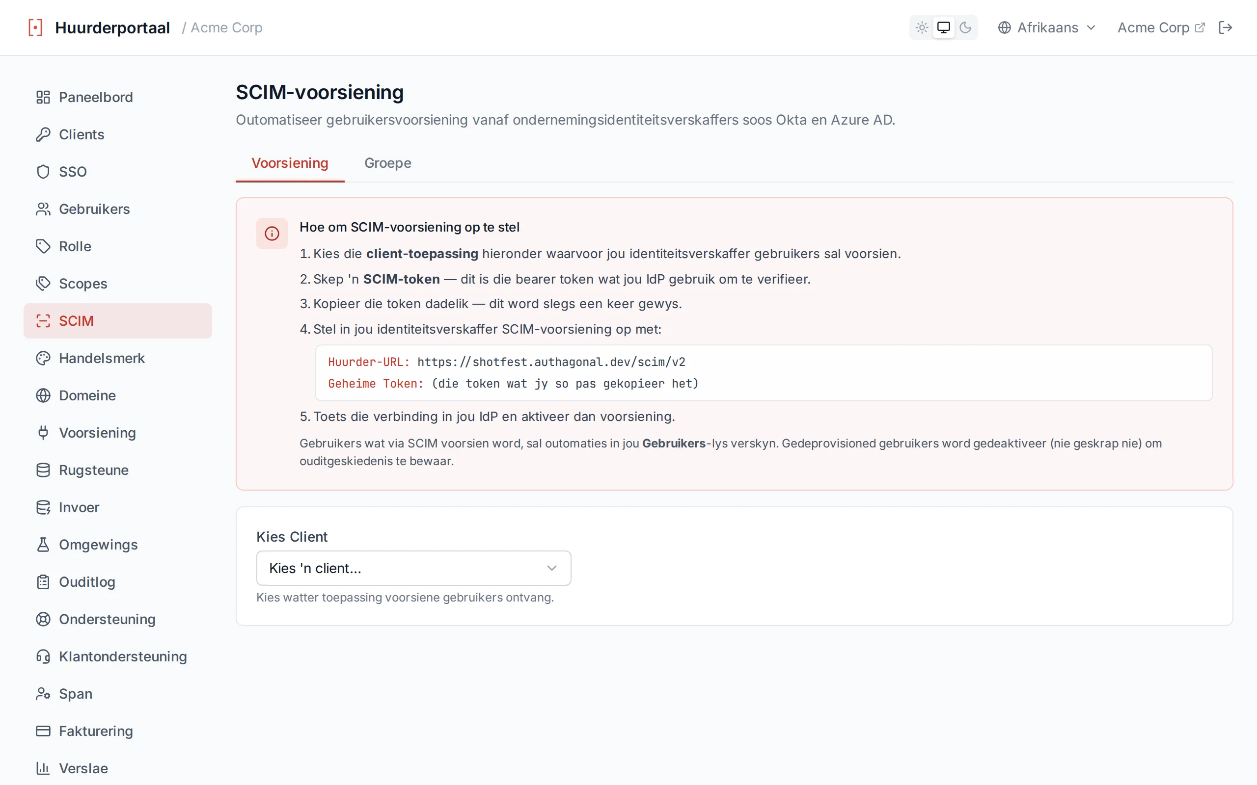 SCIM token list showing active and revoked tokens with description, expiry date, and revoke button