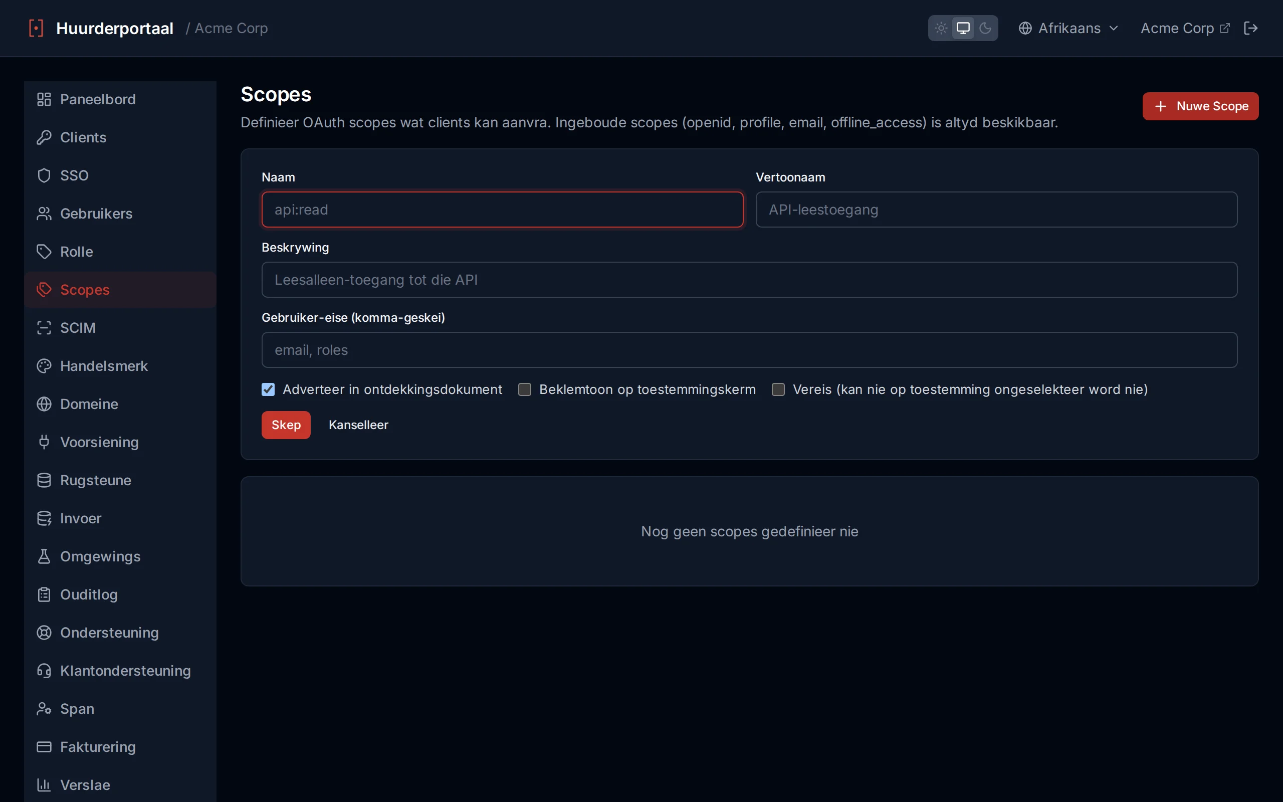 Custom scope creation form with name, display name, description and User Claims fields