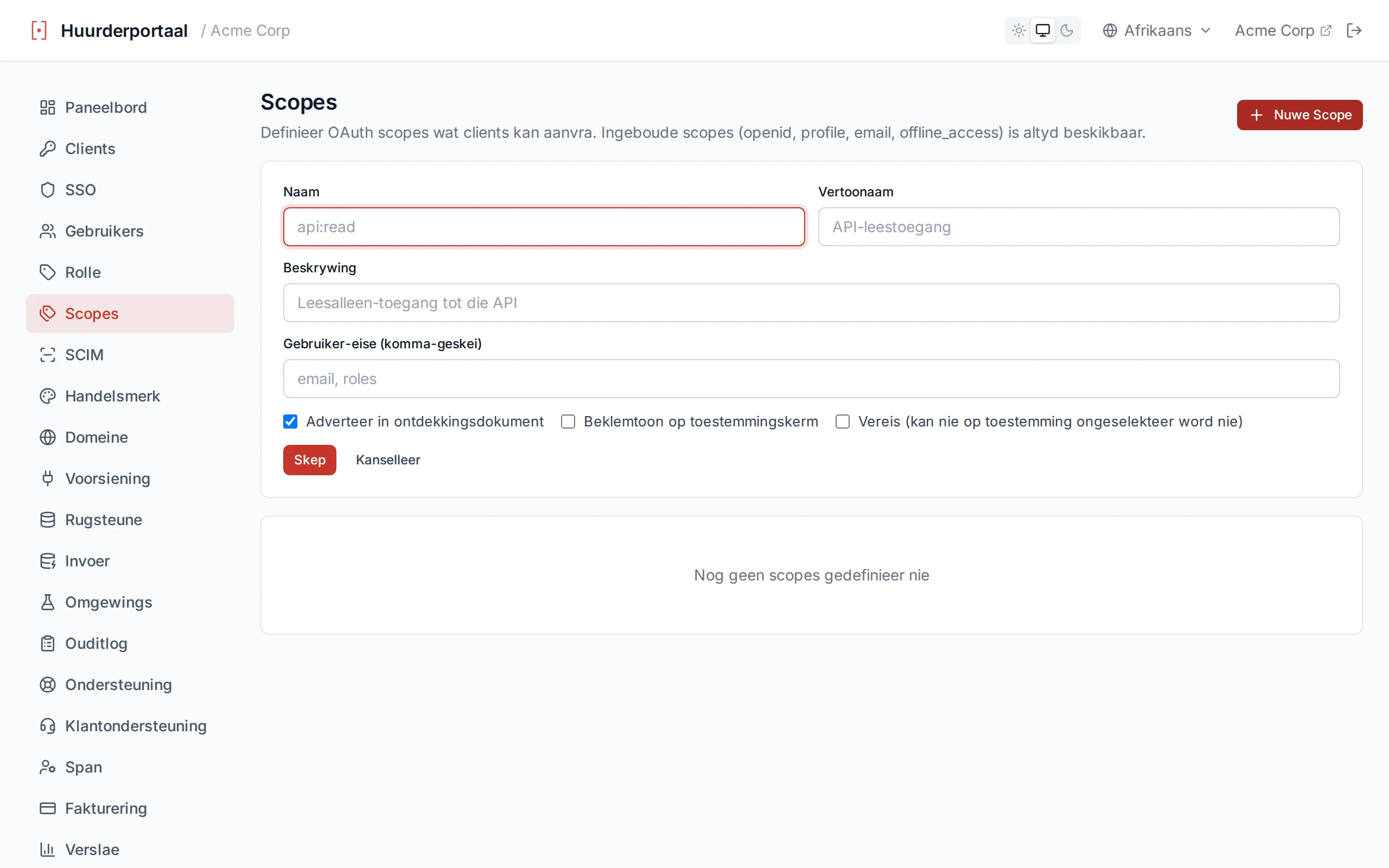 Custom scope creation form with name, display name, description and User Claims fields