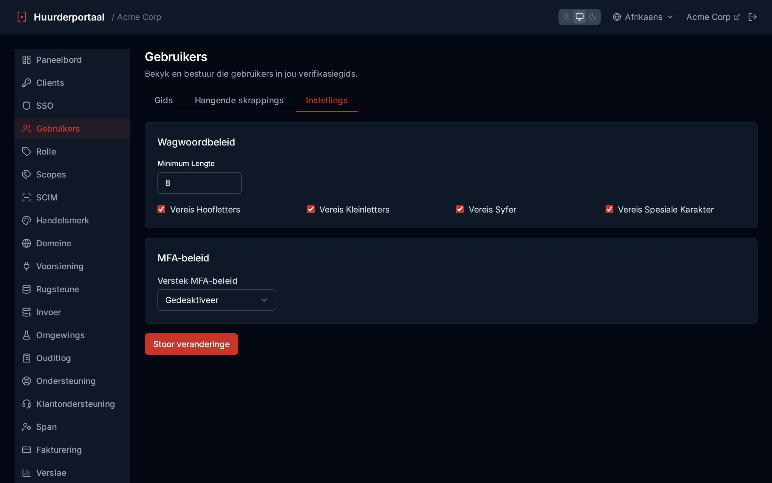 Password policy settings showing minimum length slider and toggle switches for character requirements