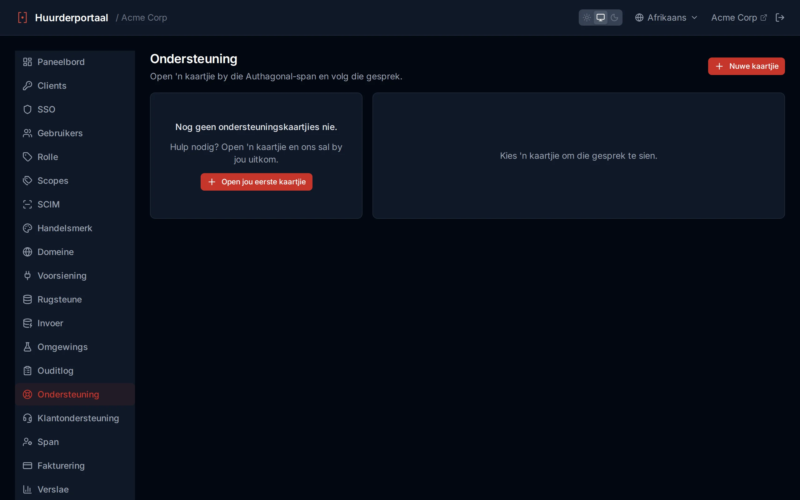 Support ticket thread showing the conversation between the customer and the Authagonal team with a reply box and file attachment control