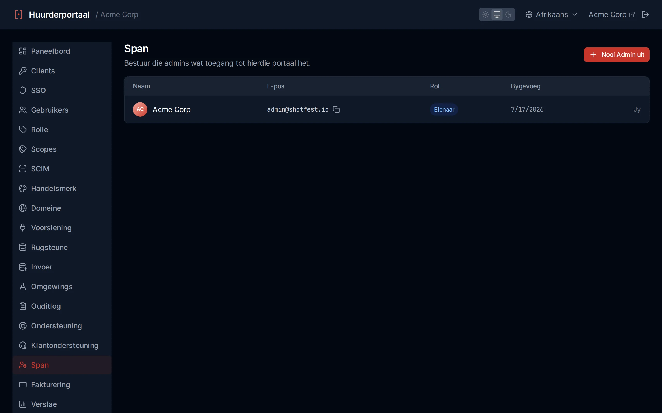 Team page showing the admin list with name, email, date added columns, a You indicator, and invite/remove controls