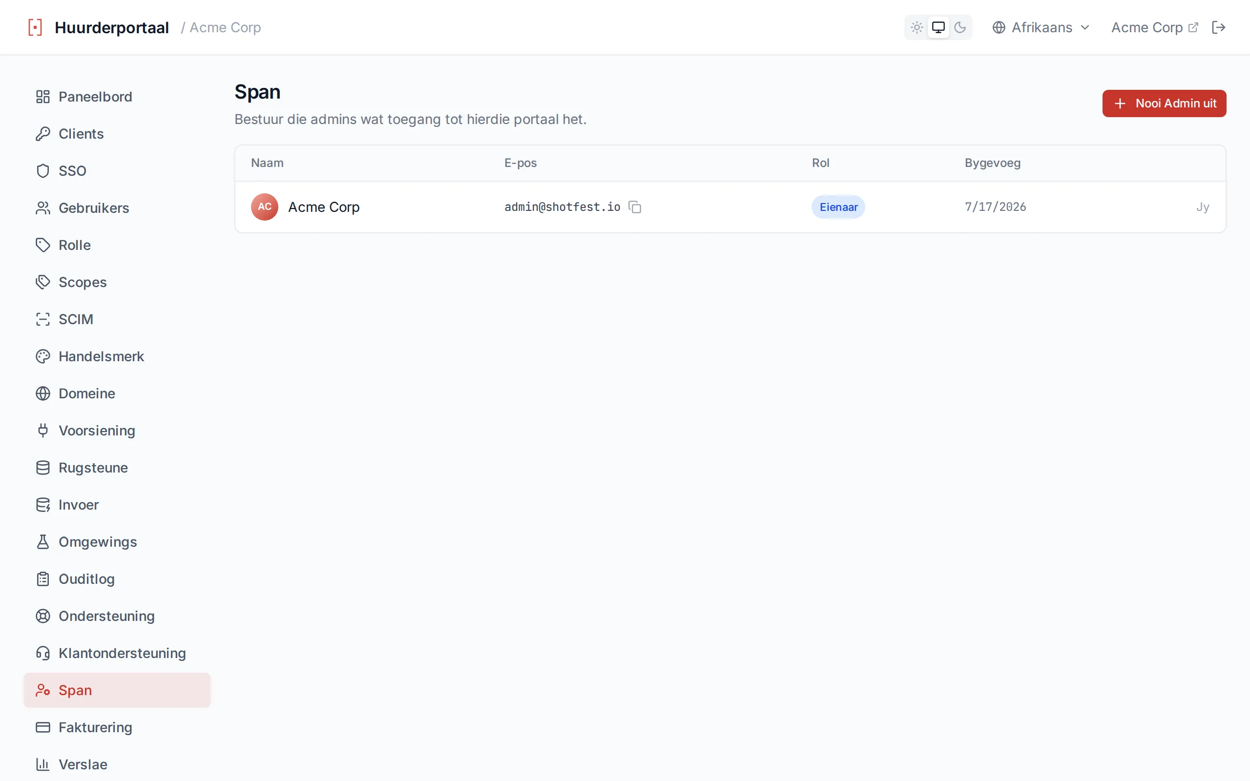 Team page showing the admin list with name, email, date added columns, a You indicator, and invite/remove controls