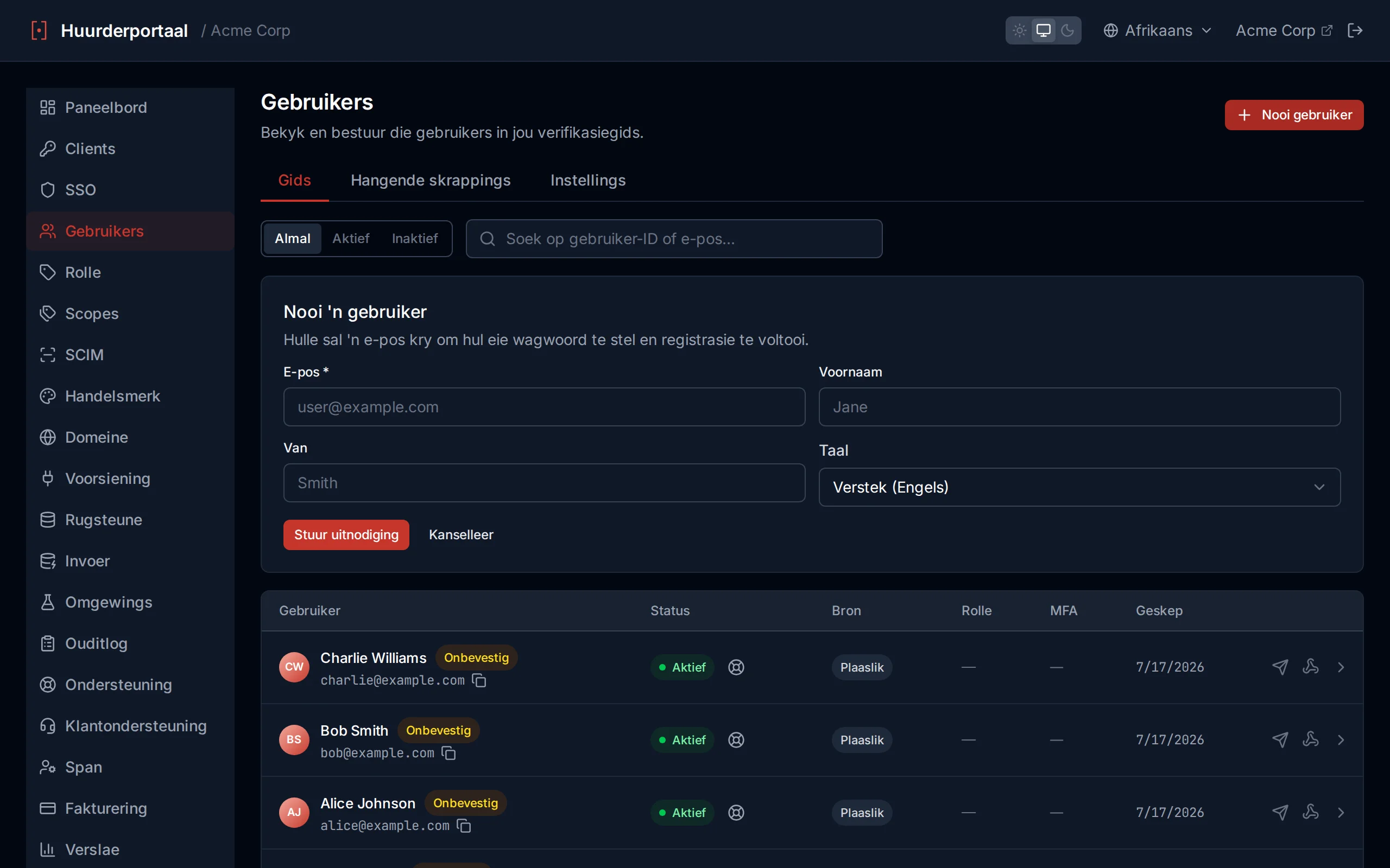 Create user form with email, password, first name, last name, and preferred Language fields