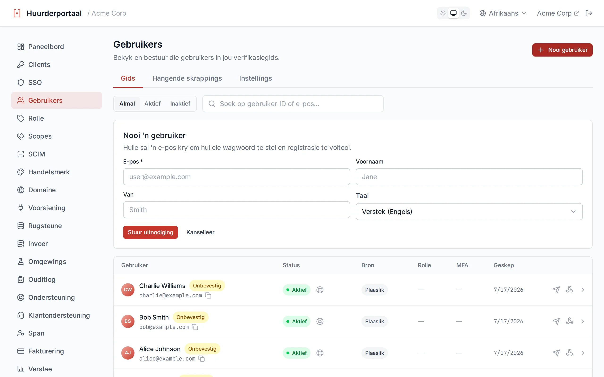 Create user form with email, password, first name, last name, and preferred Language fields