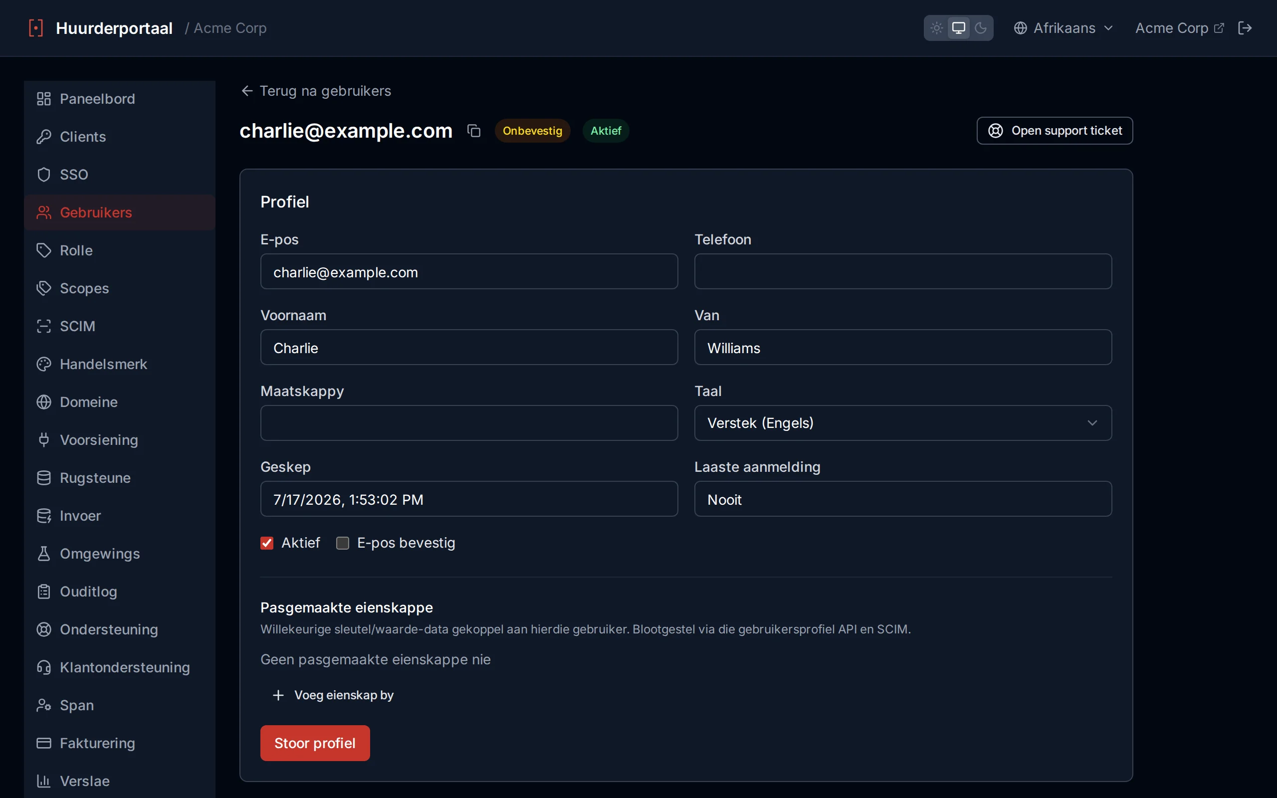 User detail edit form with profile fields including a preferred Language selector