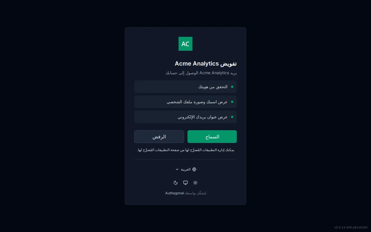 Consent screen showing the requesting application's logo and name, a per-scope permission list, and Allow and Deny buttons