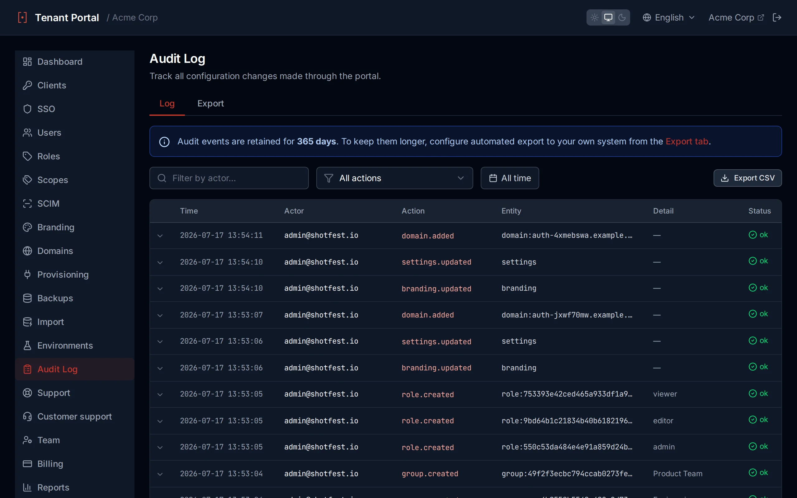 Audit log table showing timestamped administrative actions with actor, action, entity, and detail columns