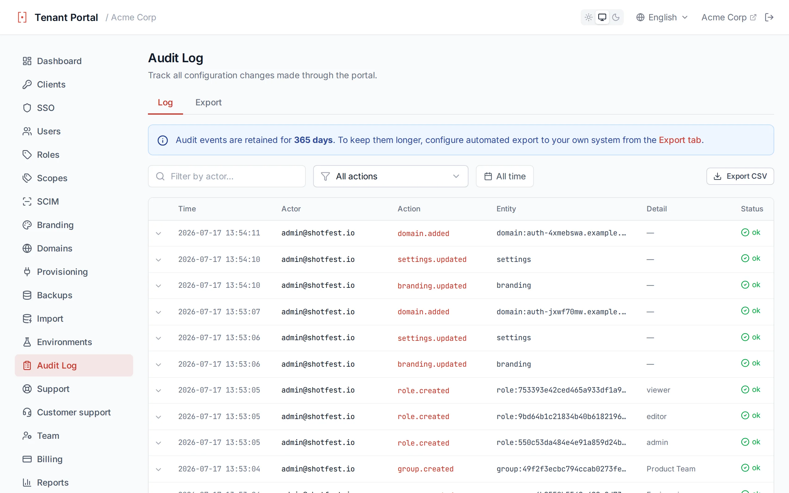 Audit log table showing timestamped administrative actions with actor, action, entity, and detail columns