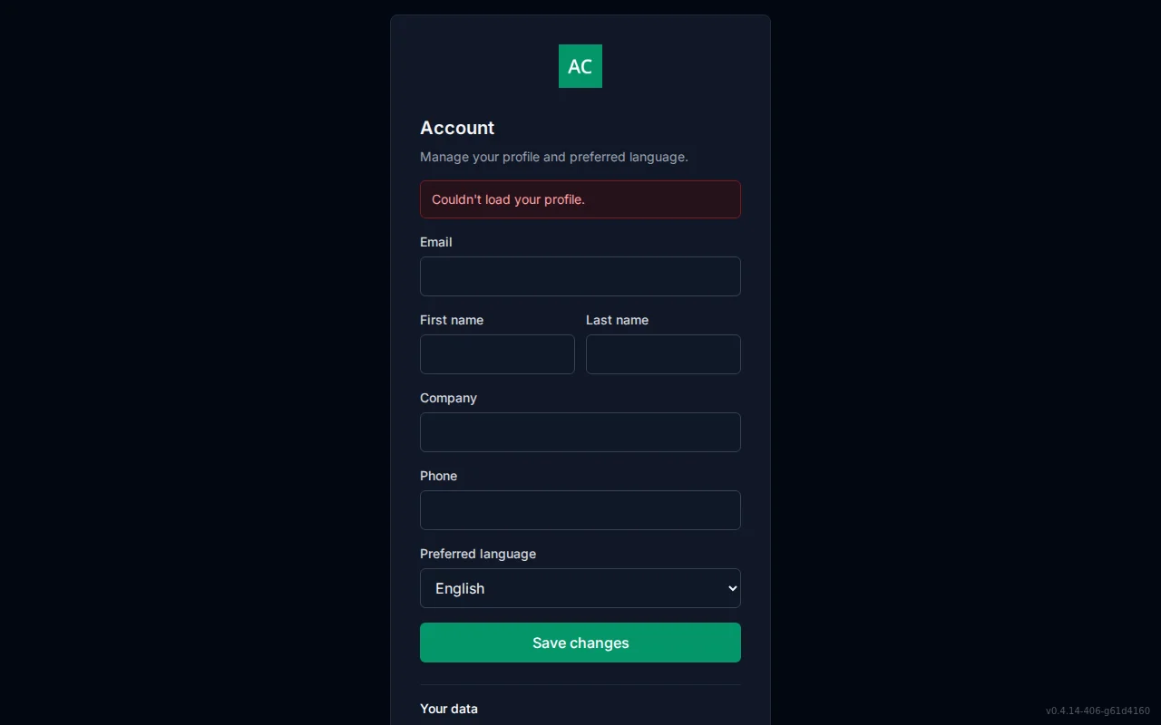 Self-service account screen with editable profile fields and a preferred Language selector