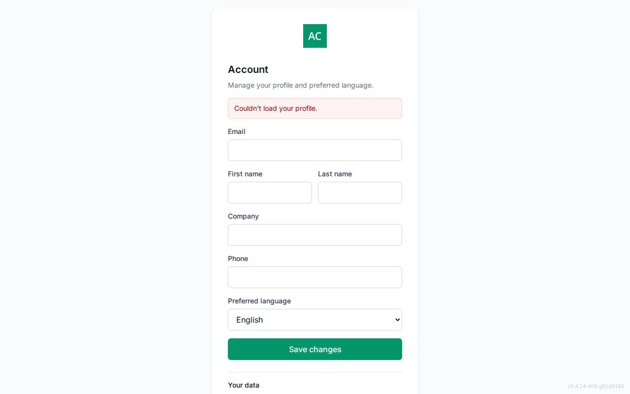 Self-service account screen with editable profile fields and a preferred Language selector