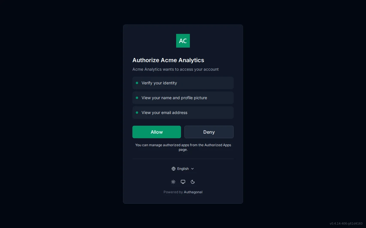 Consent screen showing the requesting application's logo and name, a per-scope permission list, and Allow and Deny buttons