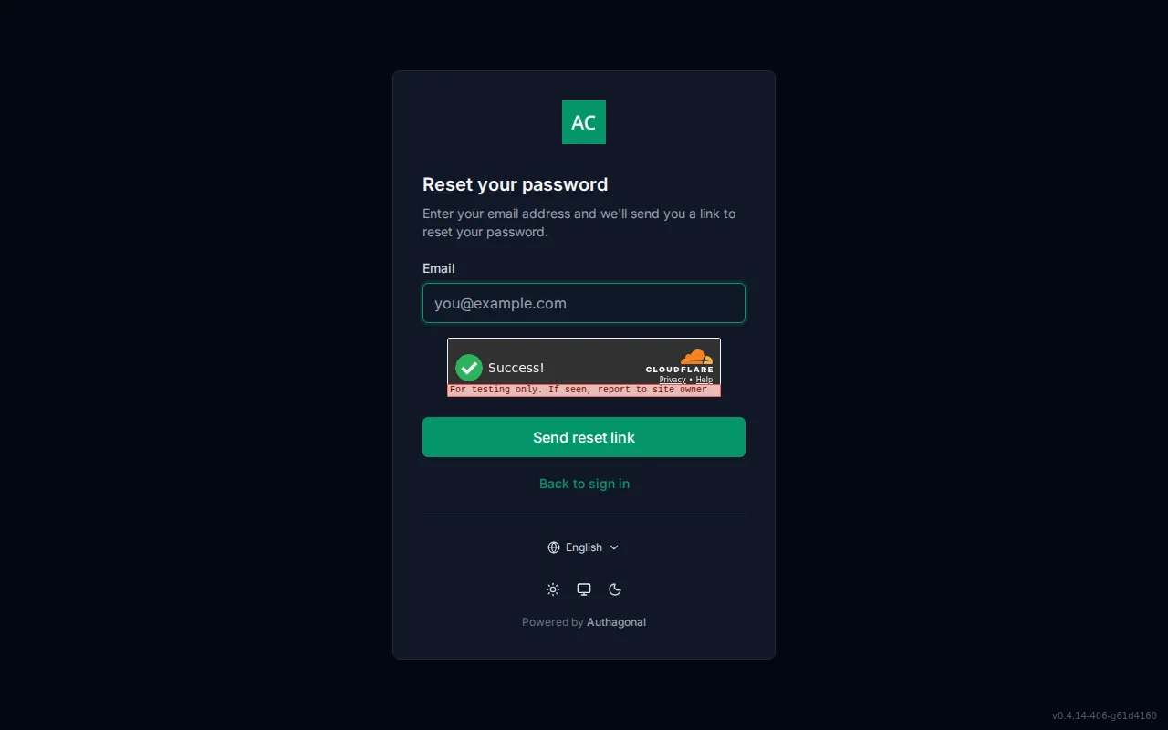 Forgot-password screen with an email field and a neutral check-your-email confirmation state